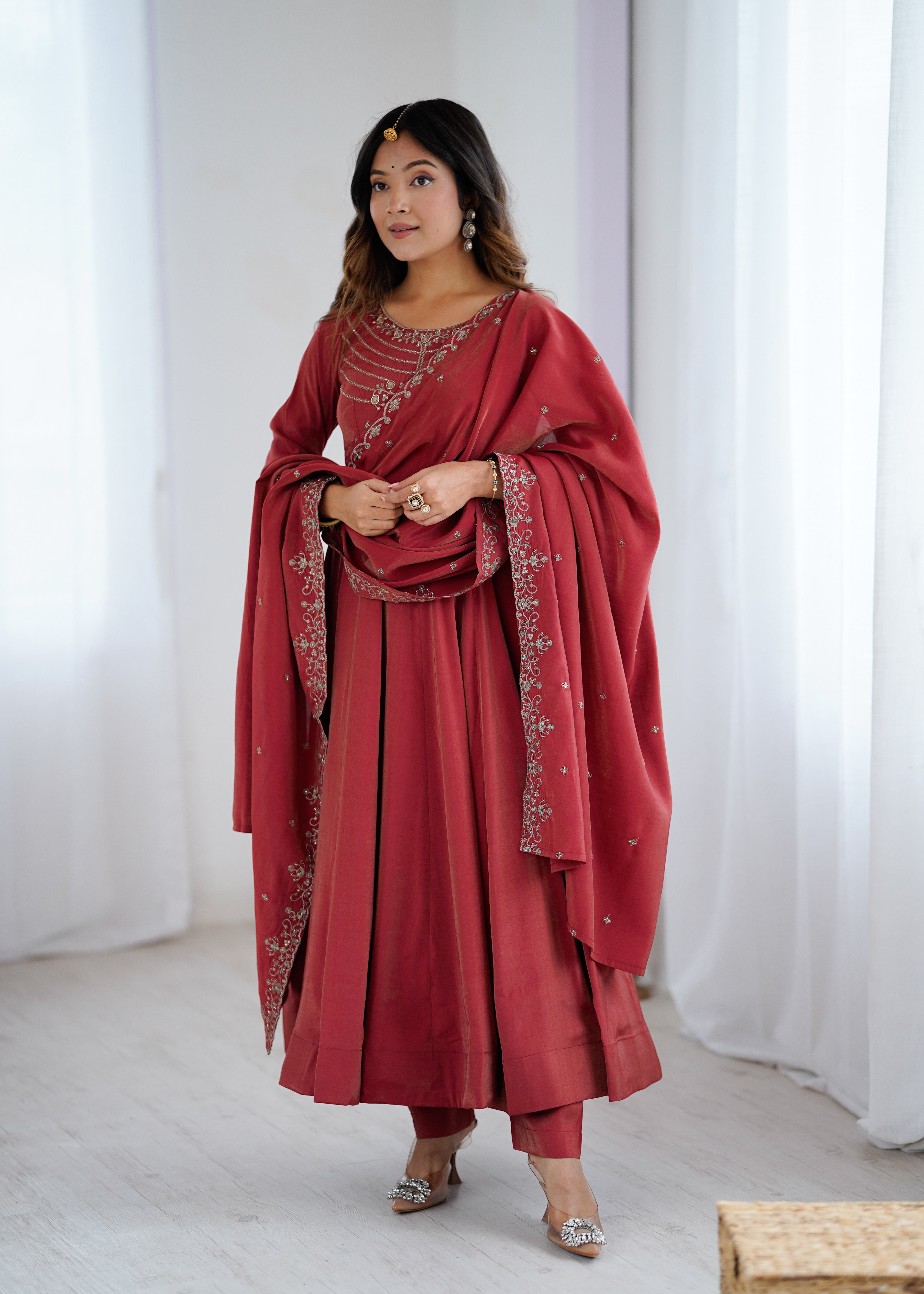 maroon chanderi silk embroidery anarkali suit