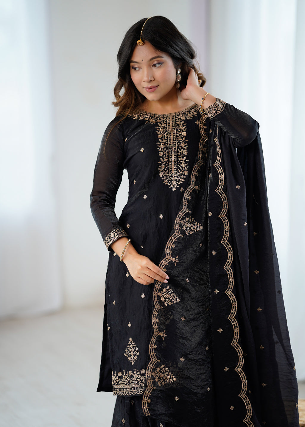 black crunchy silk embroidery sharara suit