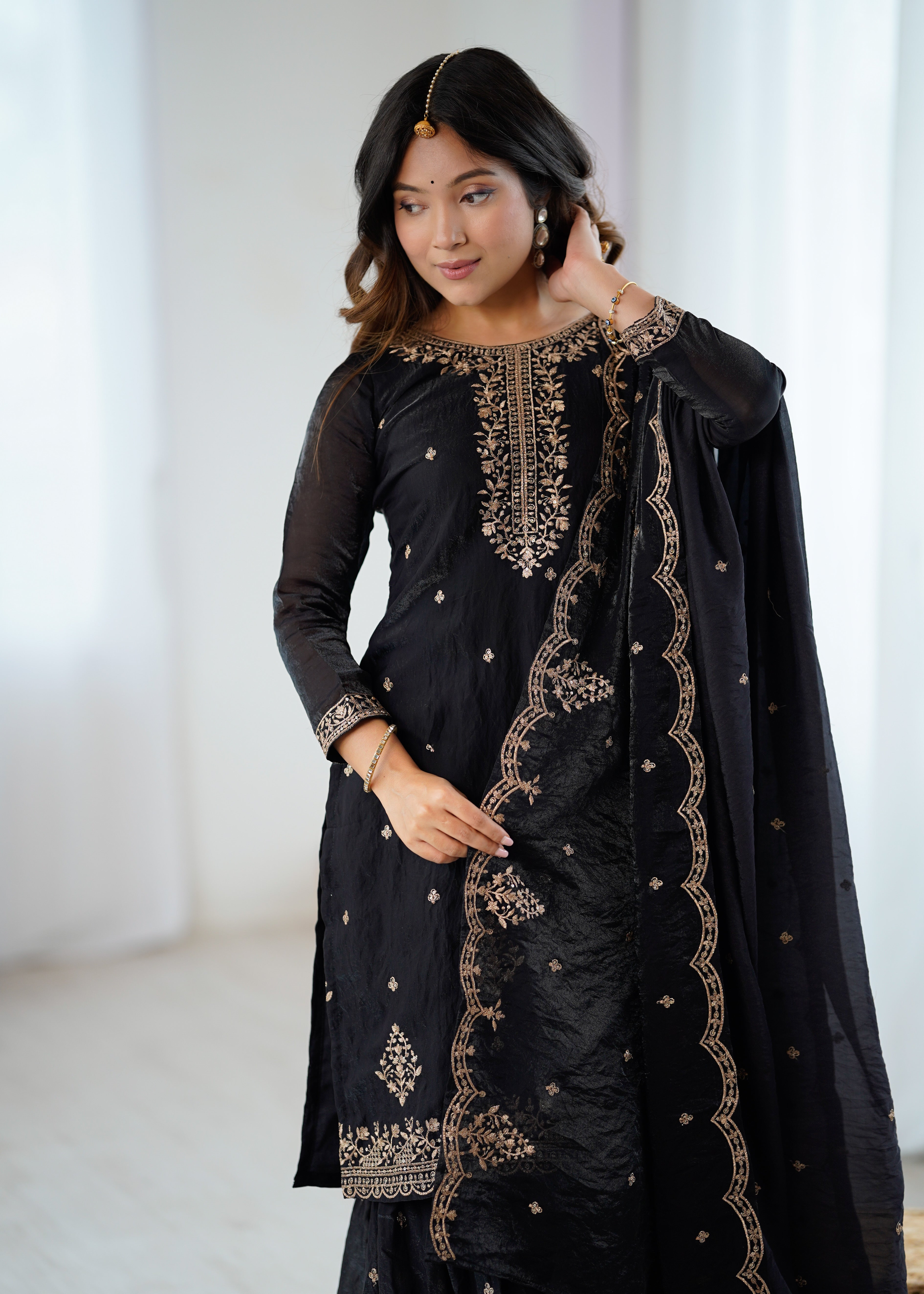 black crunchy silk embroidery sharara suit