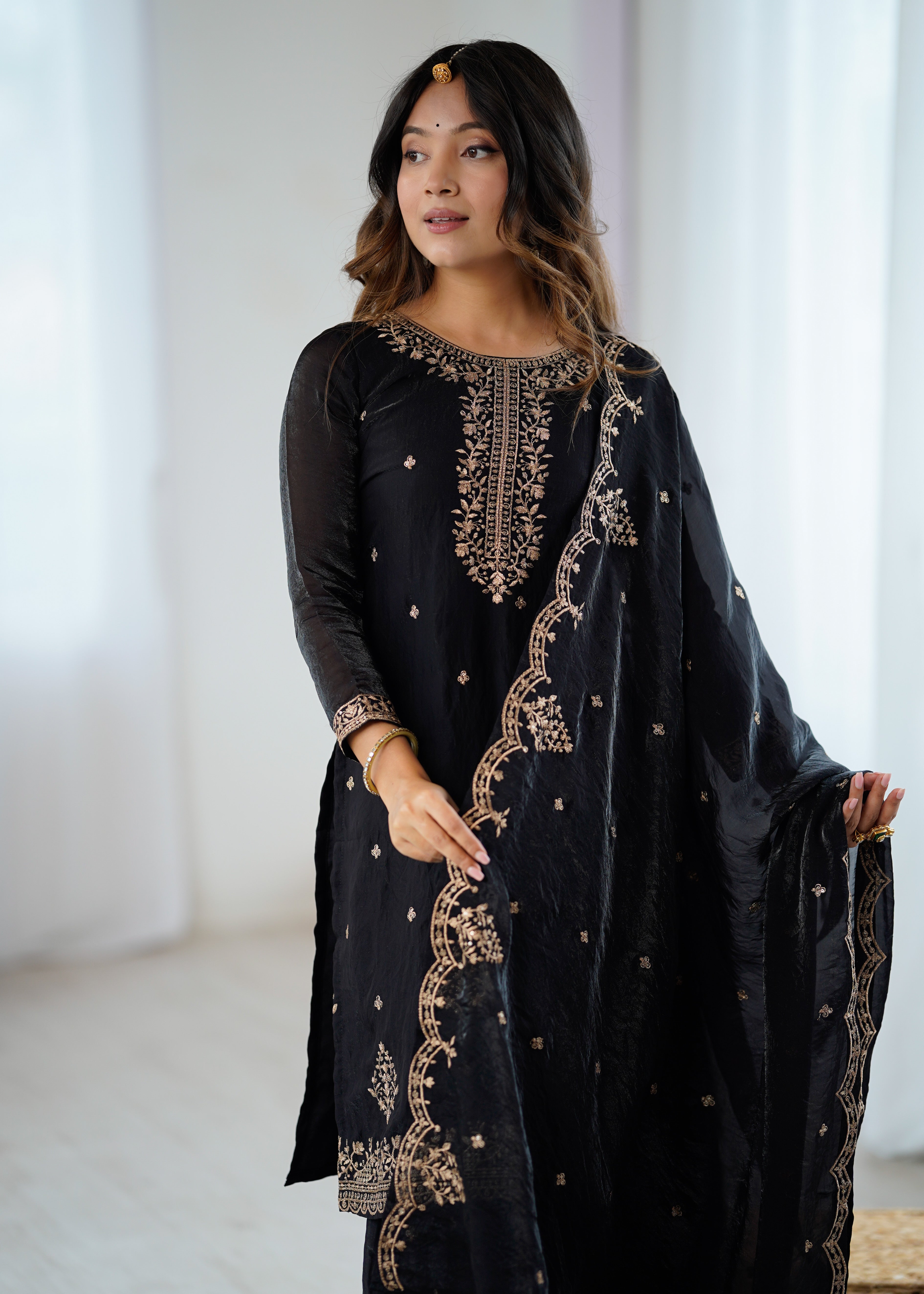 black crunchy silk embroidery sharara suit