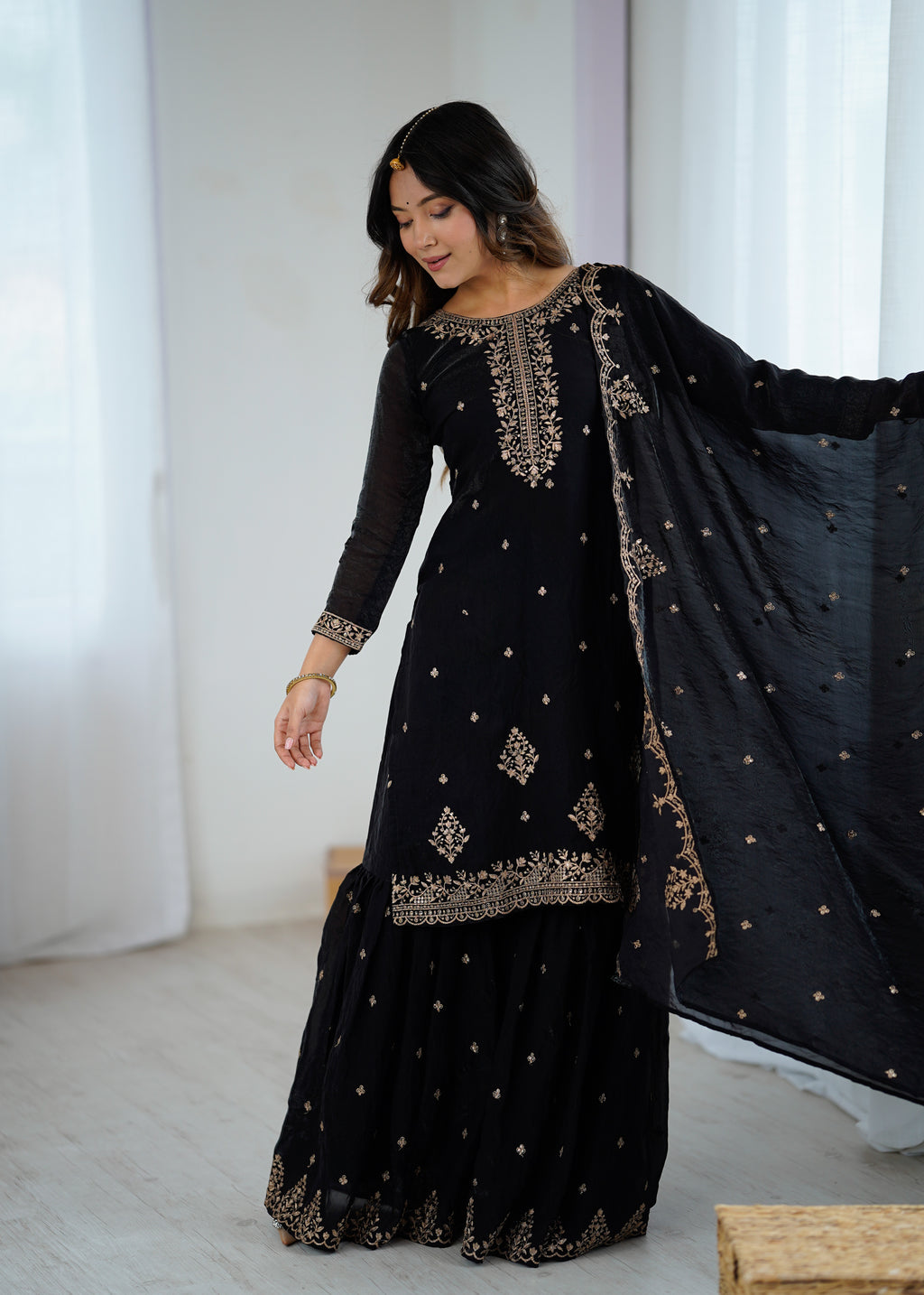 black crunchy silk embroidery sharara suit