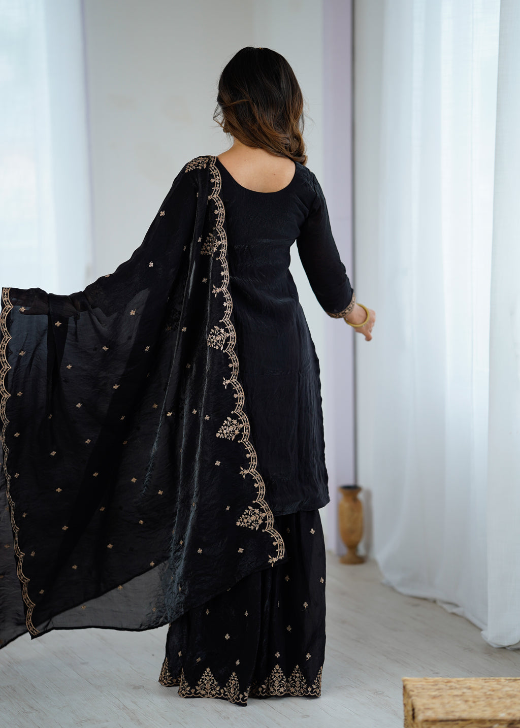 black crunchy silk embroidery sharara suit
