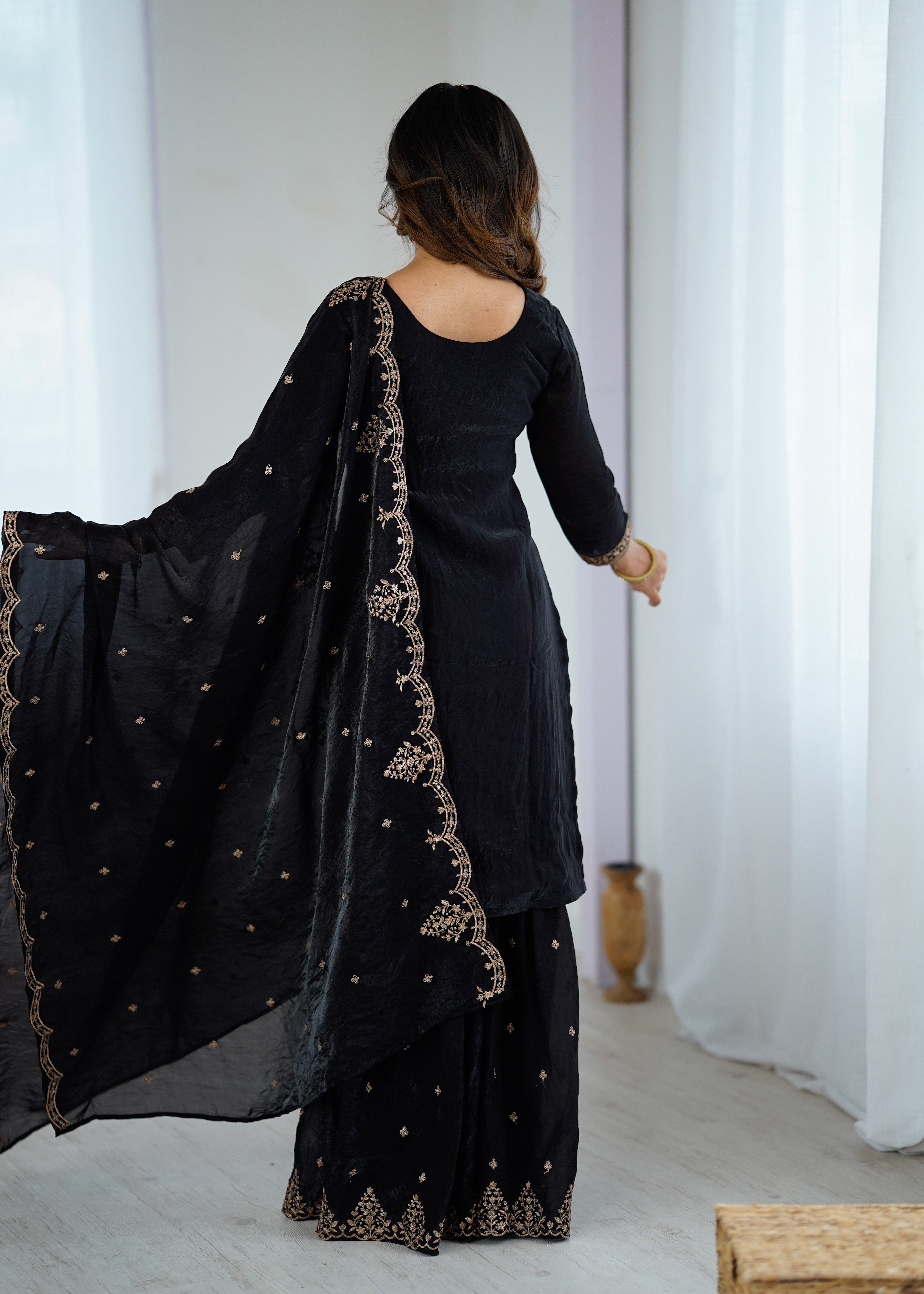 black crunchy silk embroidery sharara suit
