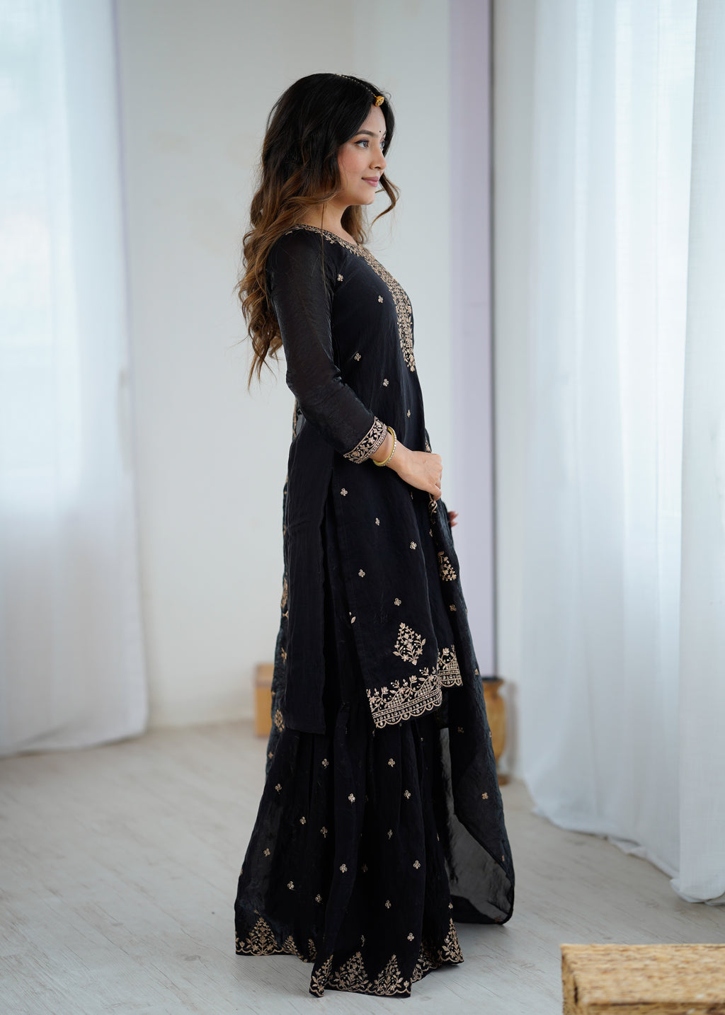 black crunchy silk embroidery sharara suit