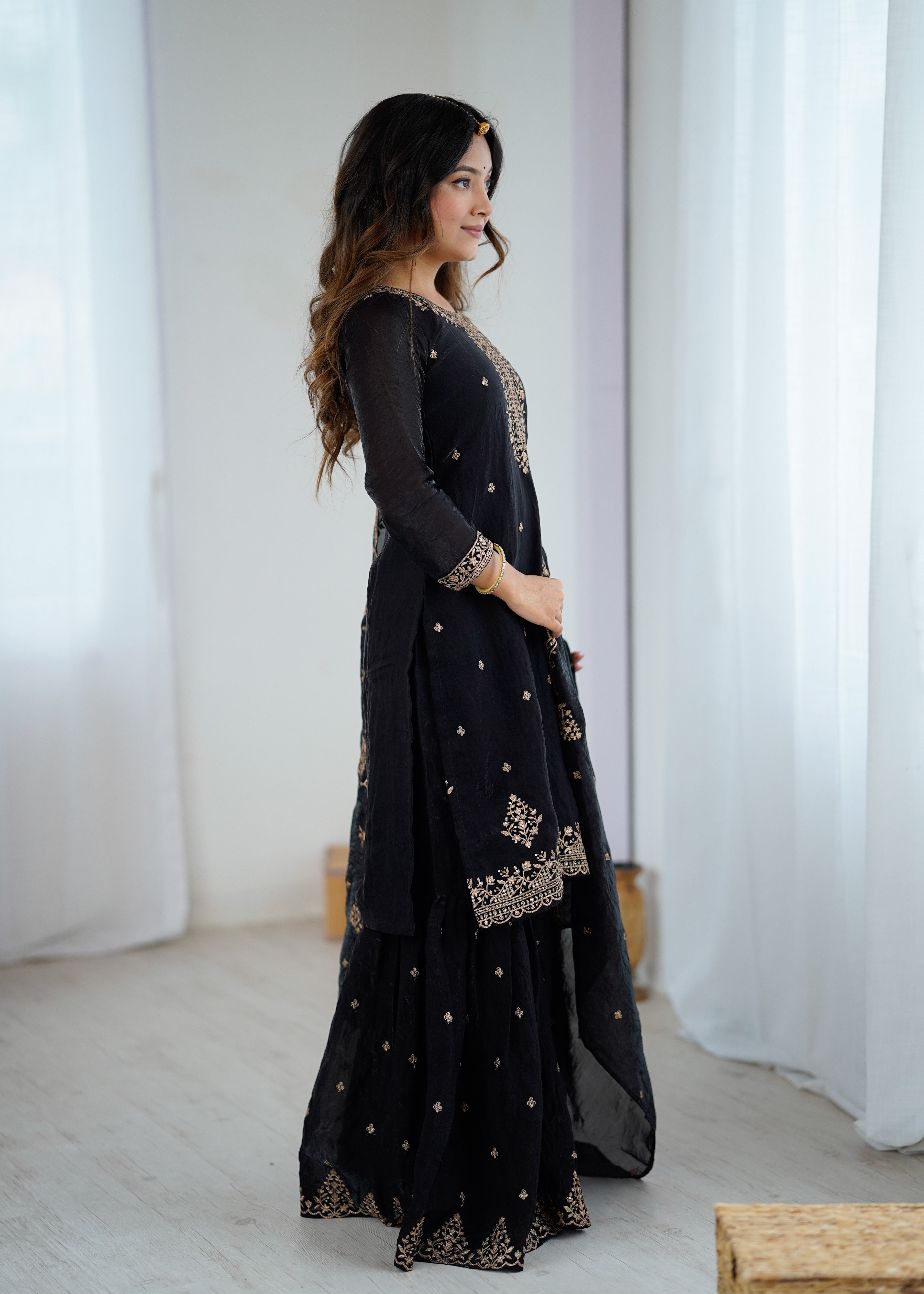 black crunchy silk embroidery sharara suit