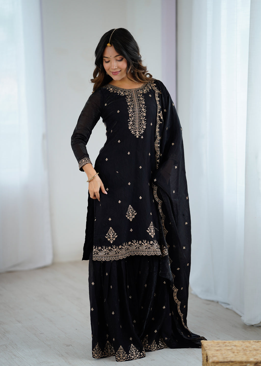 black crunchy silk embroidery sharara suit