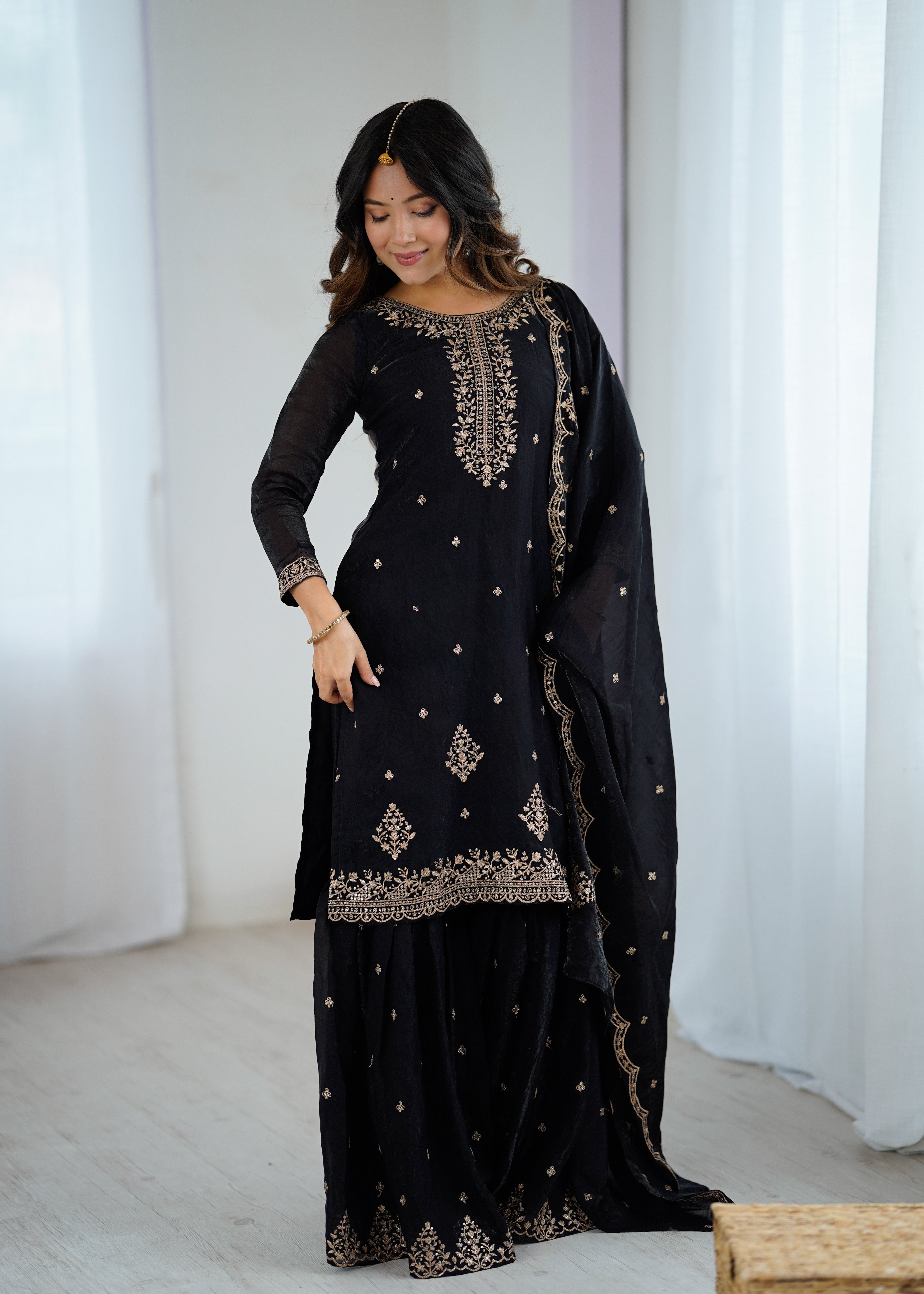 black crunchy silk embroidery sharara suit