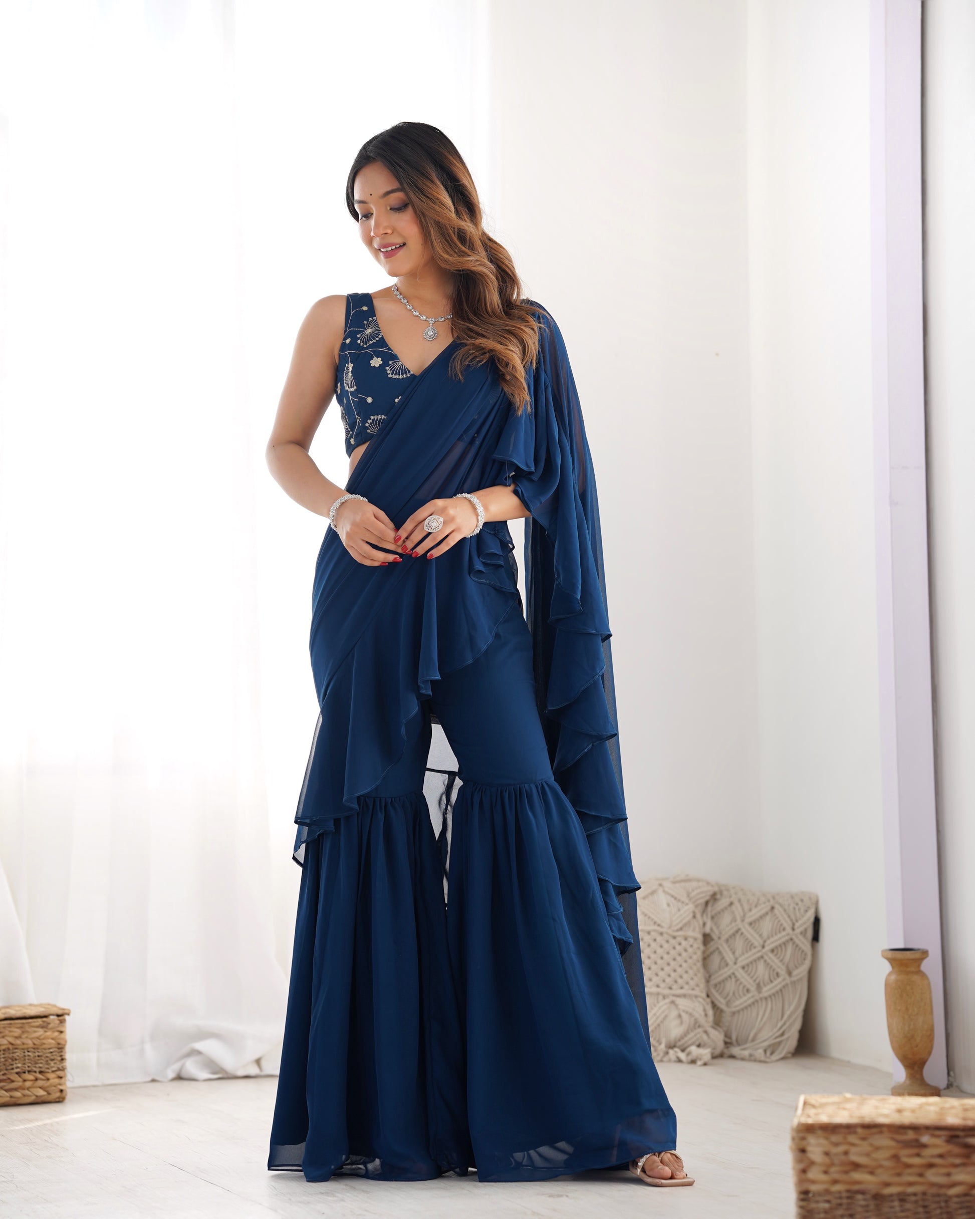 Teal Blue Georgette Sharara Saree