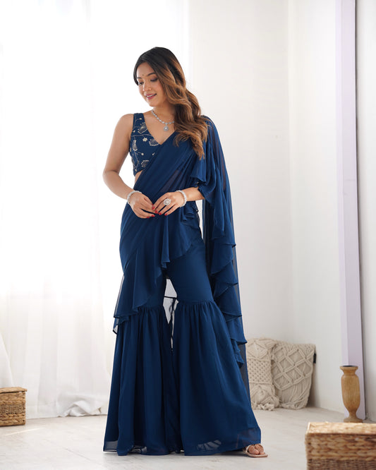 Teal Blue Georgette Sharara Saree