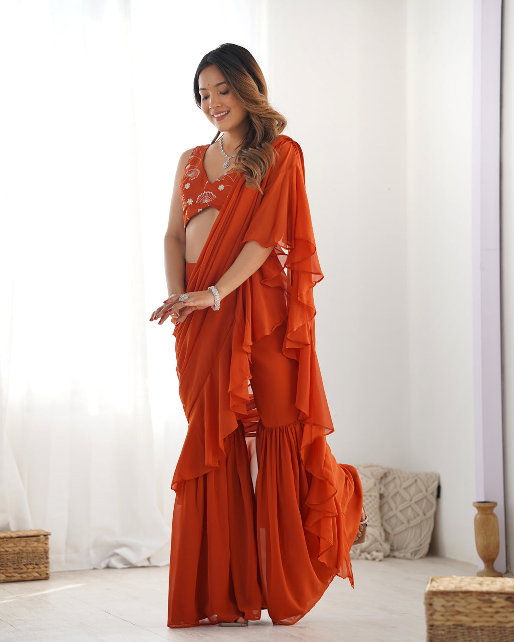 Orange Rust Georgette Sharara Saree
