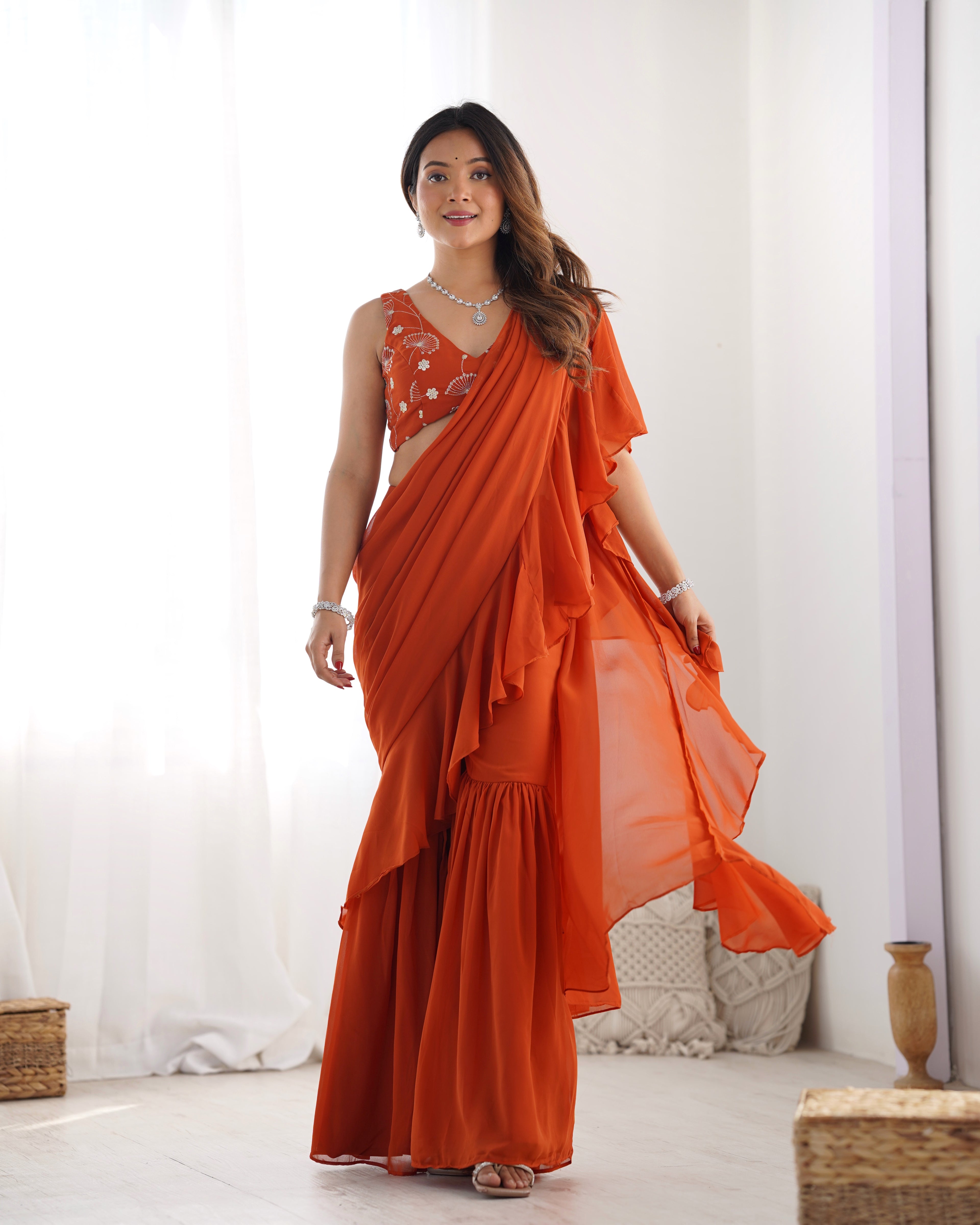 Orange Rust Georgette Sharara Saree