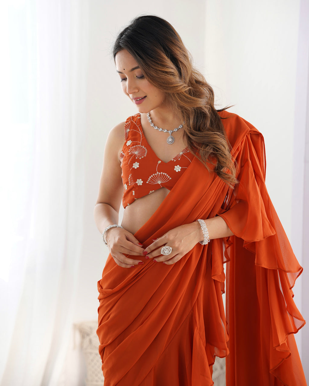Orange Rust Georgette Sharara Saree