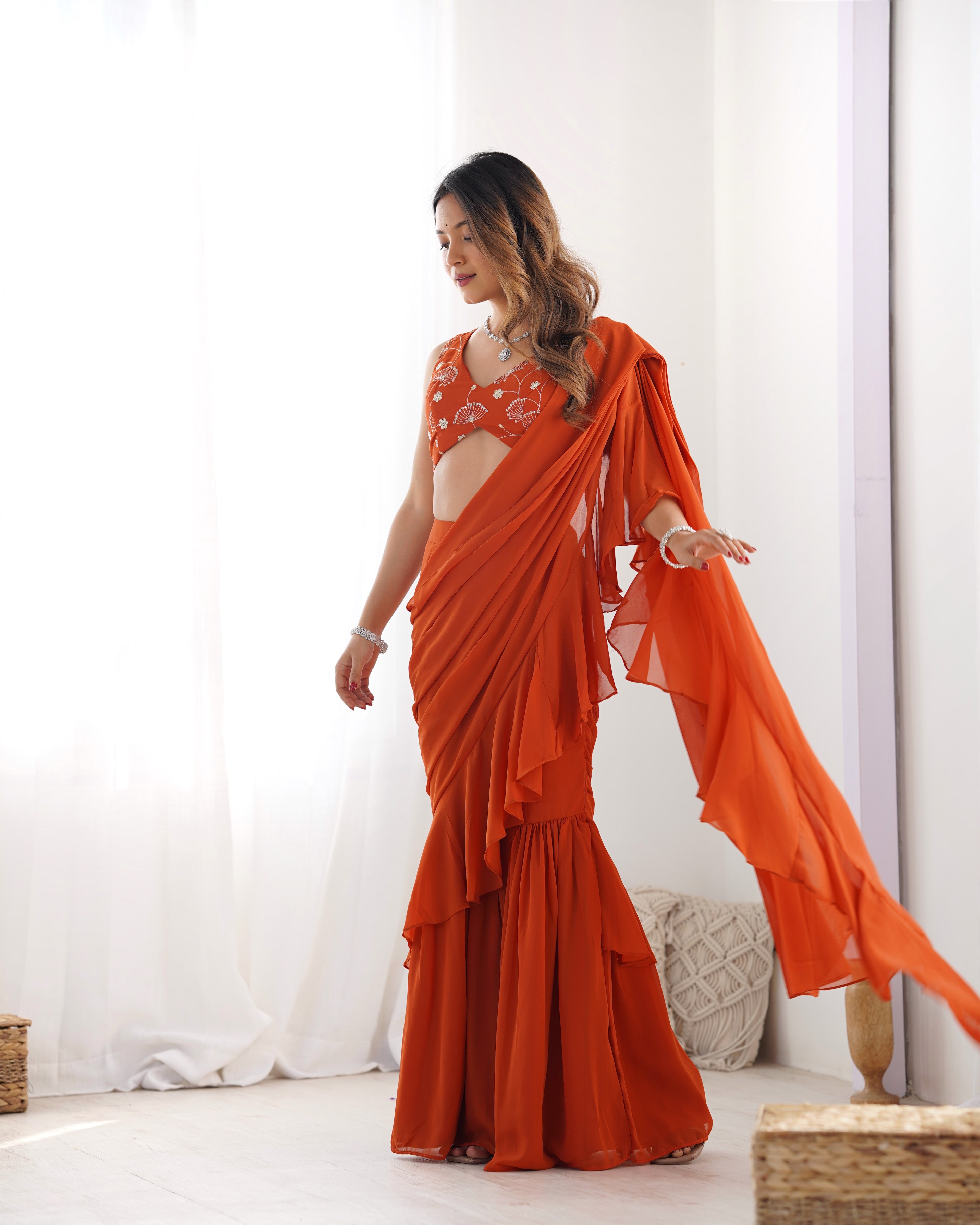 Orange Rust Georgette Sharara Saree