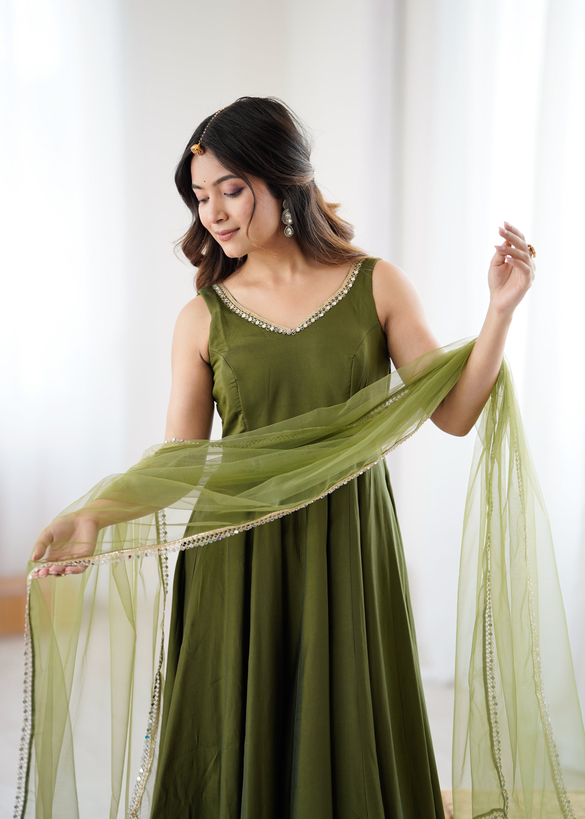 Mehendi Roman Silk Chanderi Solid Anarkali Suit Set
