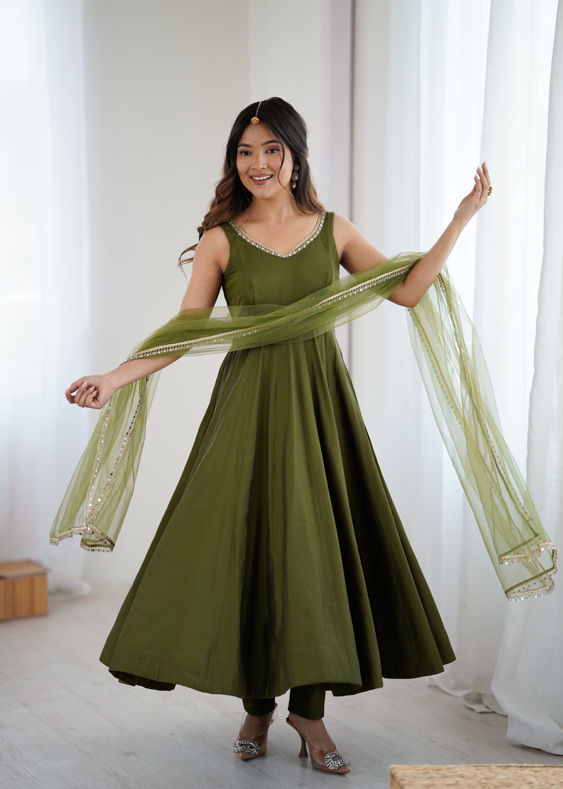 Mehendi Roman Silk Chanderi Solid Anarkali Suit Set