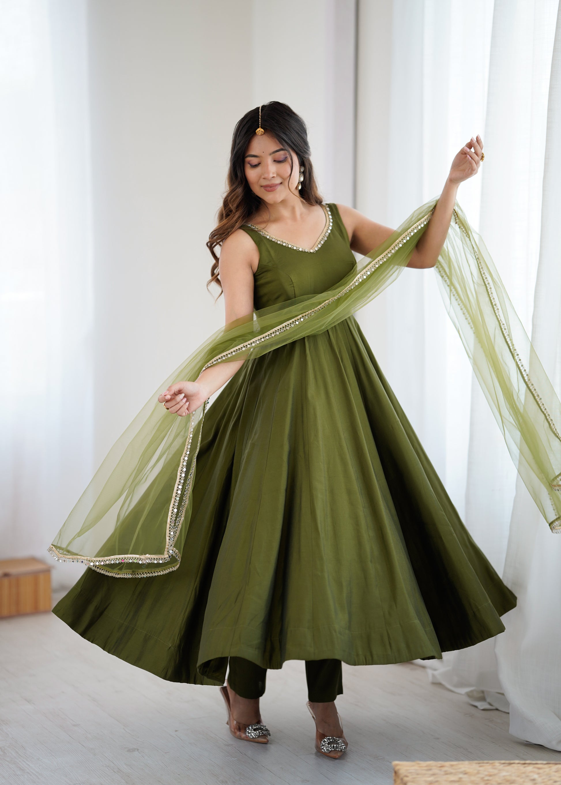 Mehendi Roman Silk Chanderi Solid Anarkali Suit Set