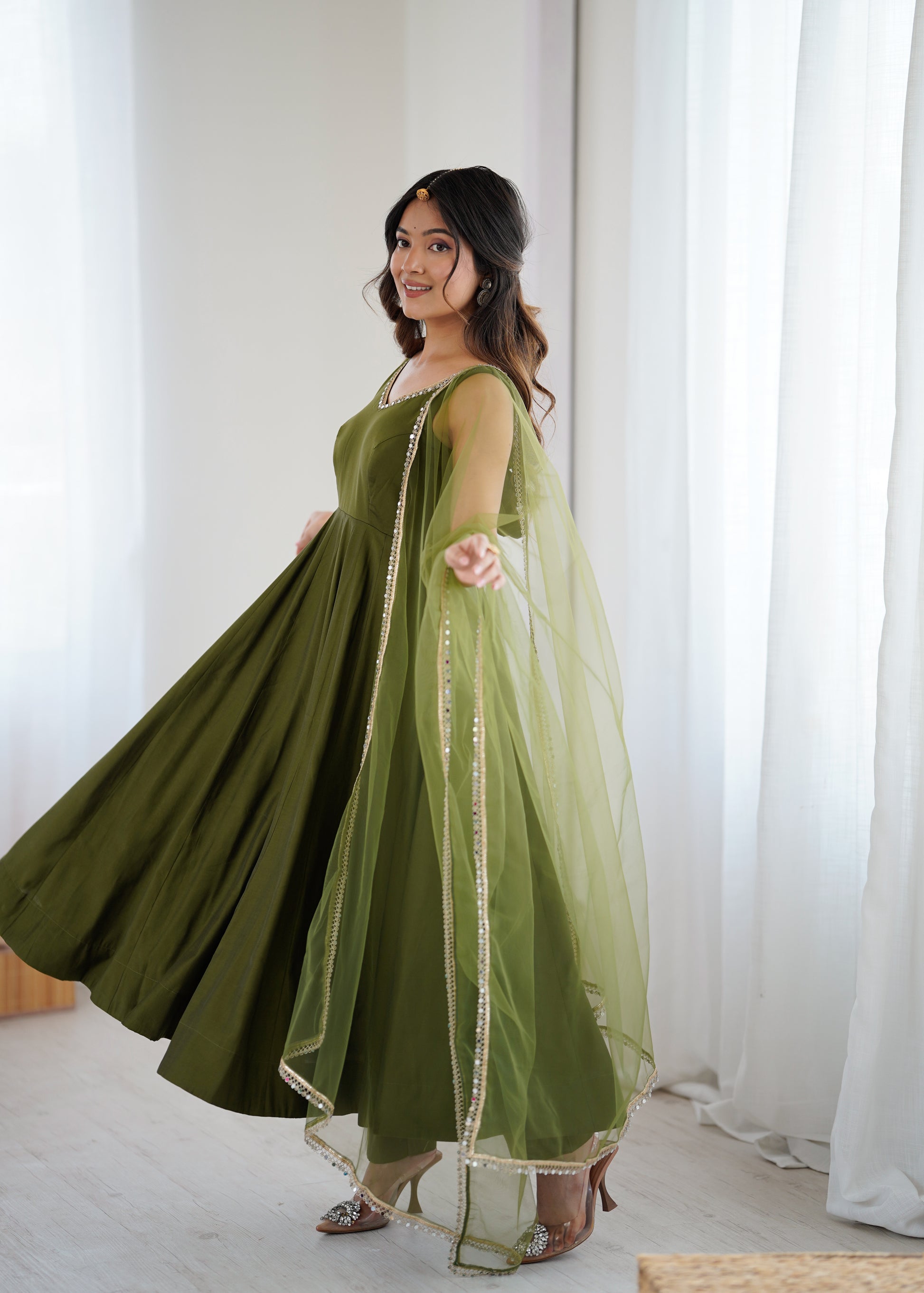 Mehendi Roman Silk Chanderi Solid Anarkali Suit Set