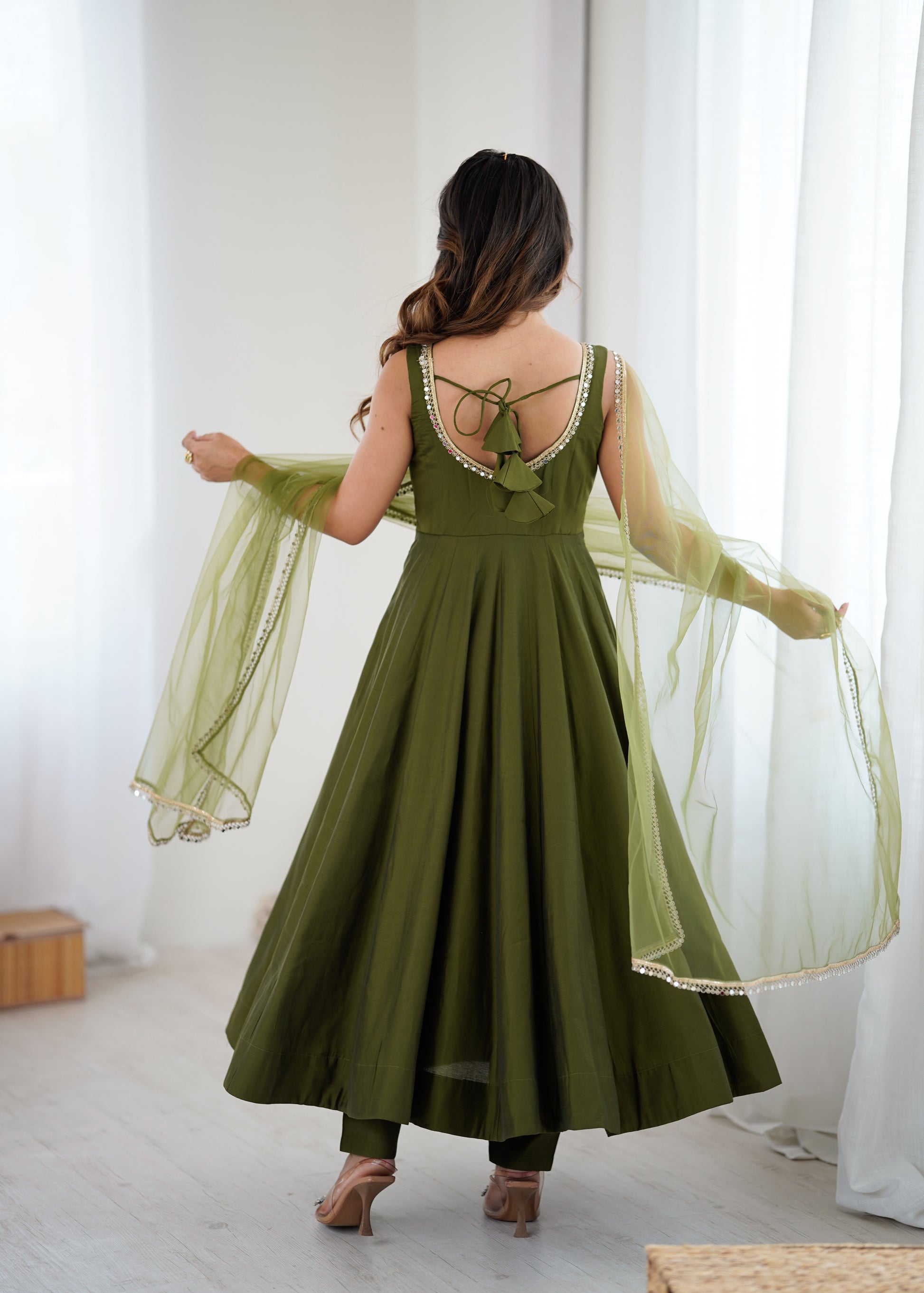 Mehendi Roman Silk Chanderi Solid Anarkali Suit Set