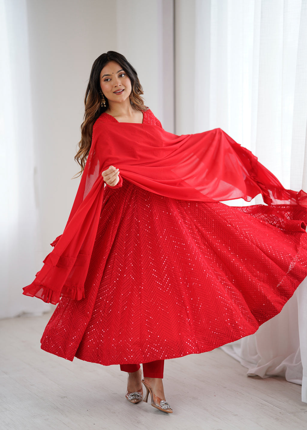 Red Lucknowi Work Anarkali Suit Set