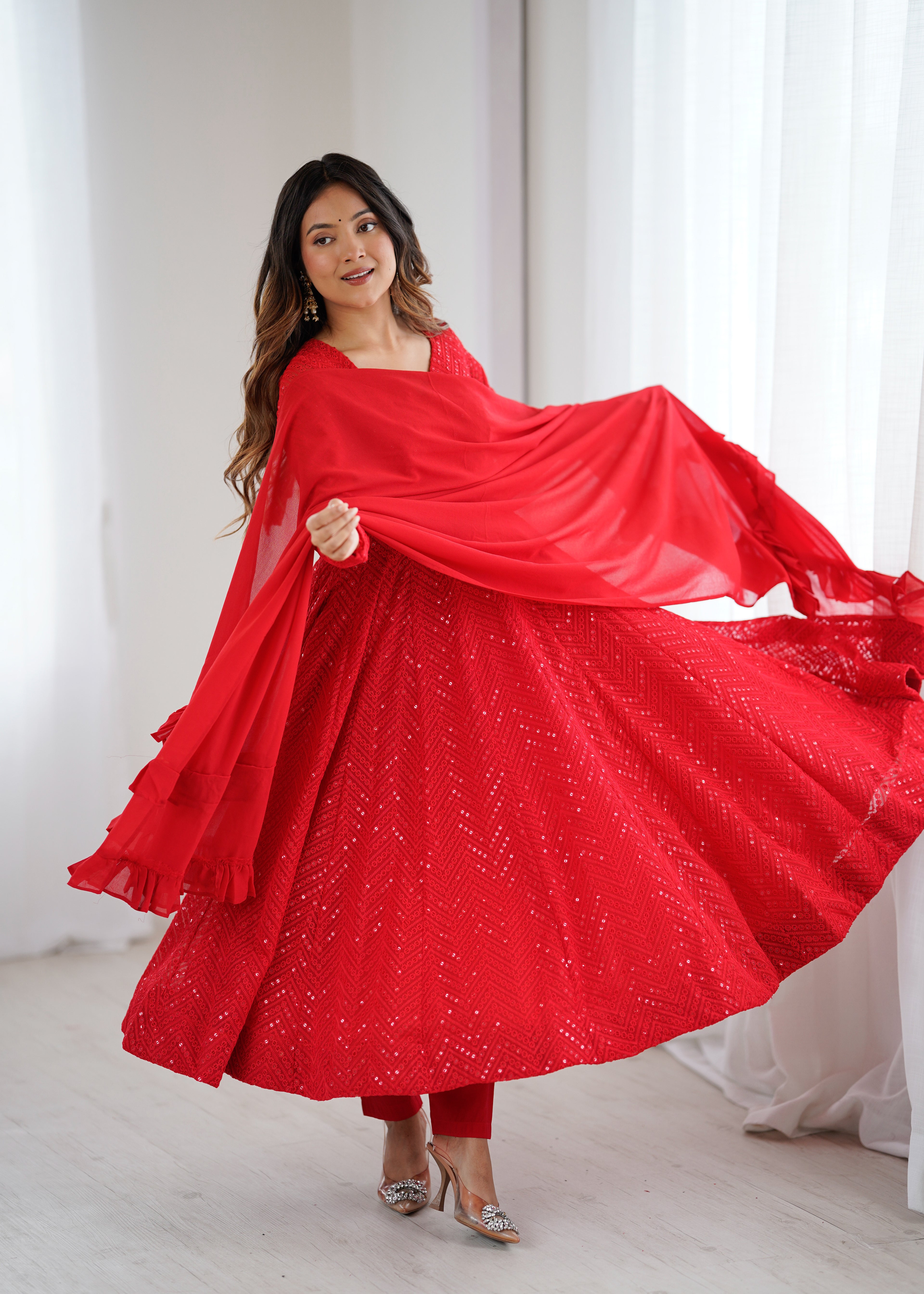 Red Lucknowi Work Anarkali Suit Set