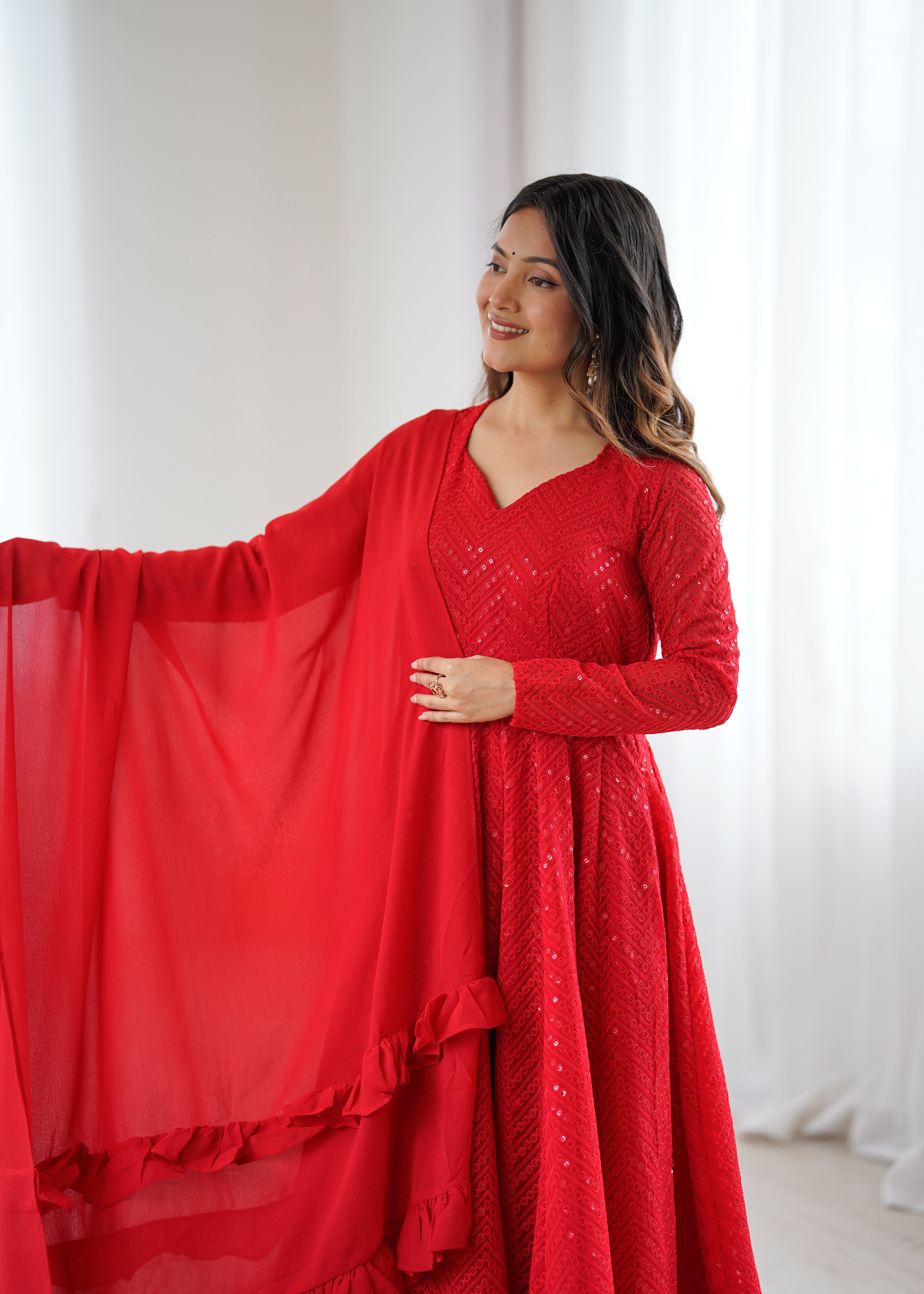 Red Lucknowi Work Anarkali Suit Set