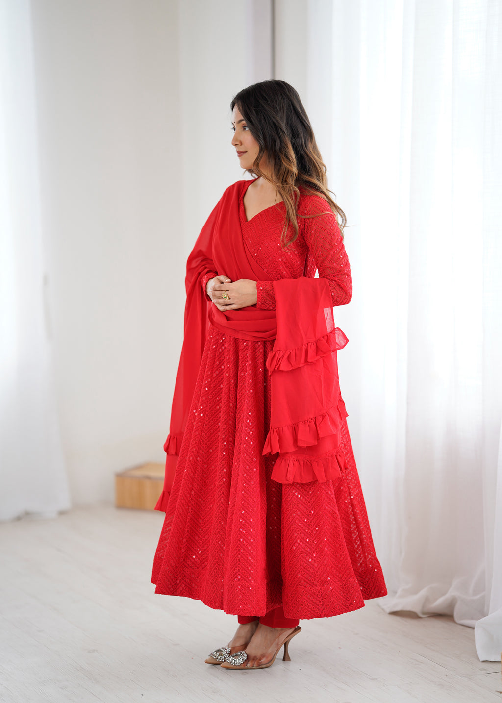 Red Lucknowi Work Anarkali Suit Set