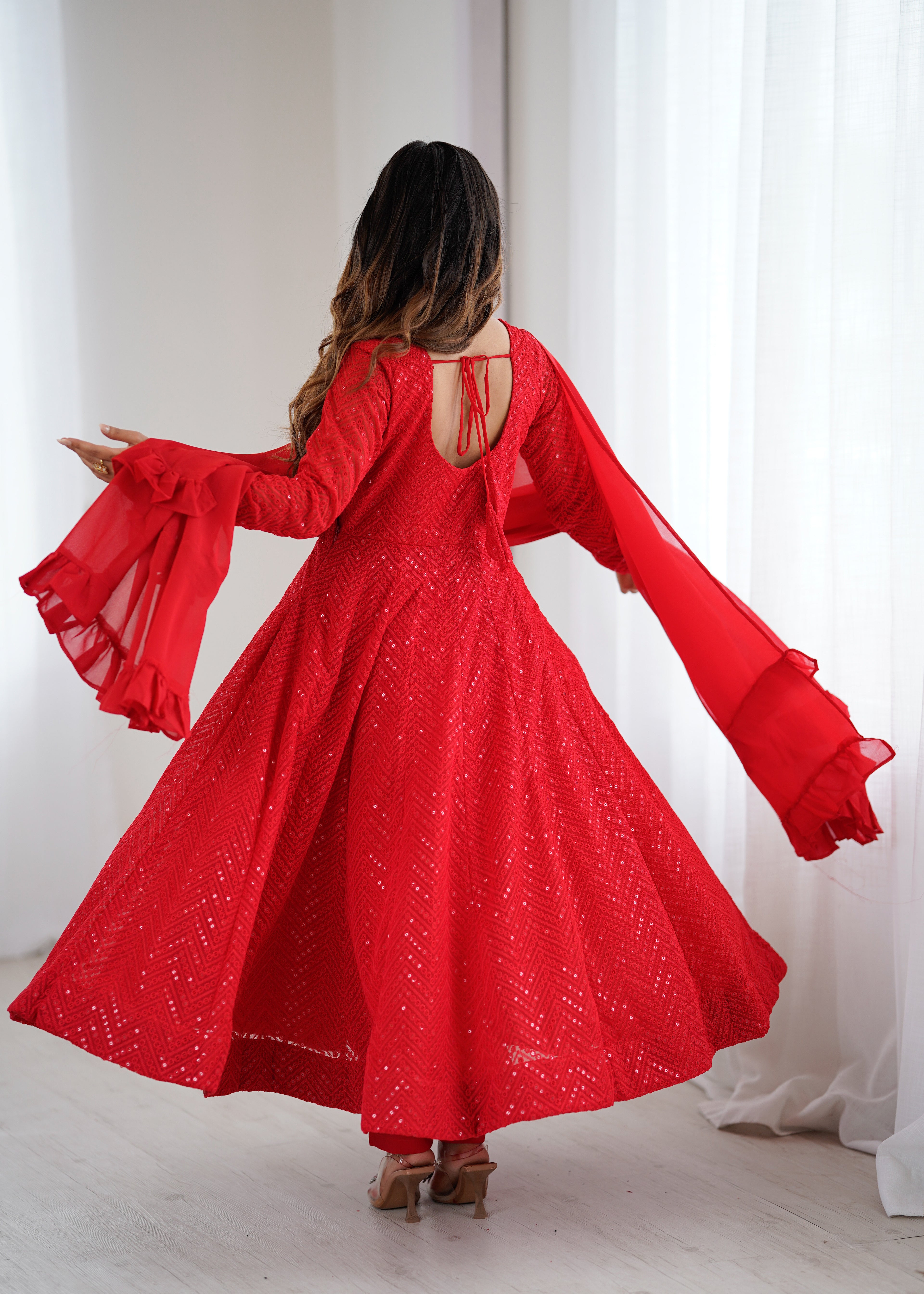 Red Lucknowi Work Anarkali Suit Set
