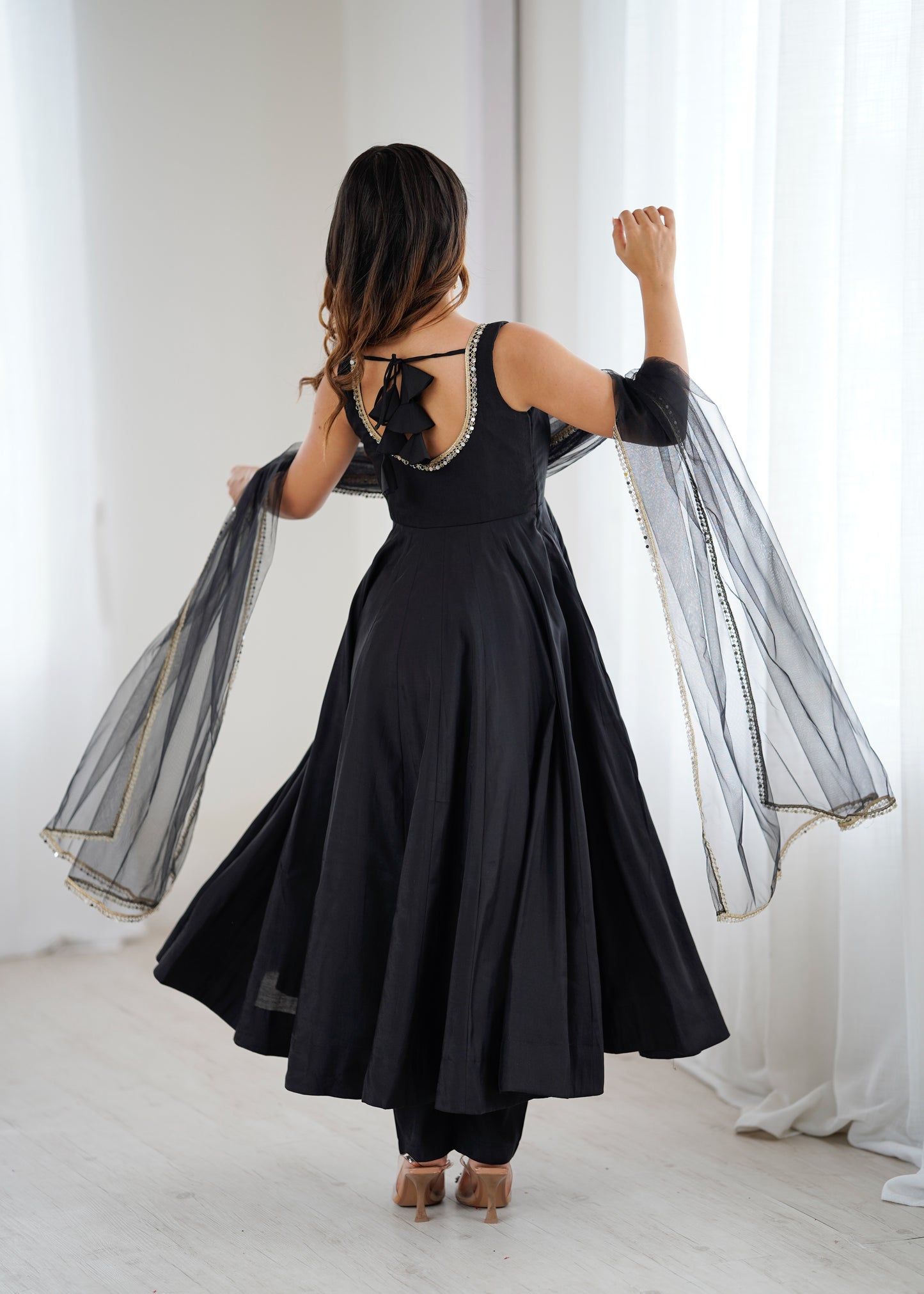 Black Roman Silk Chanderi Solid Anarkali Suit Set