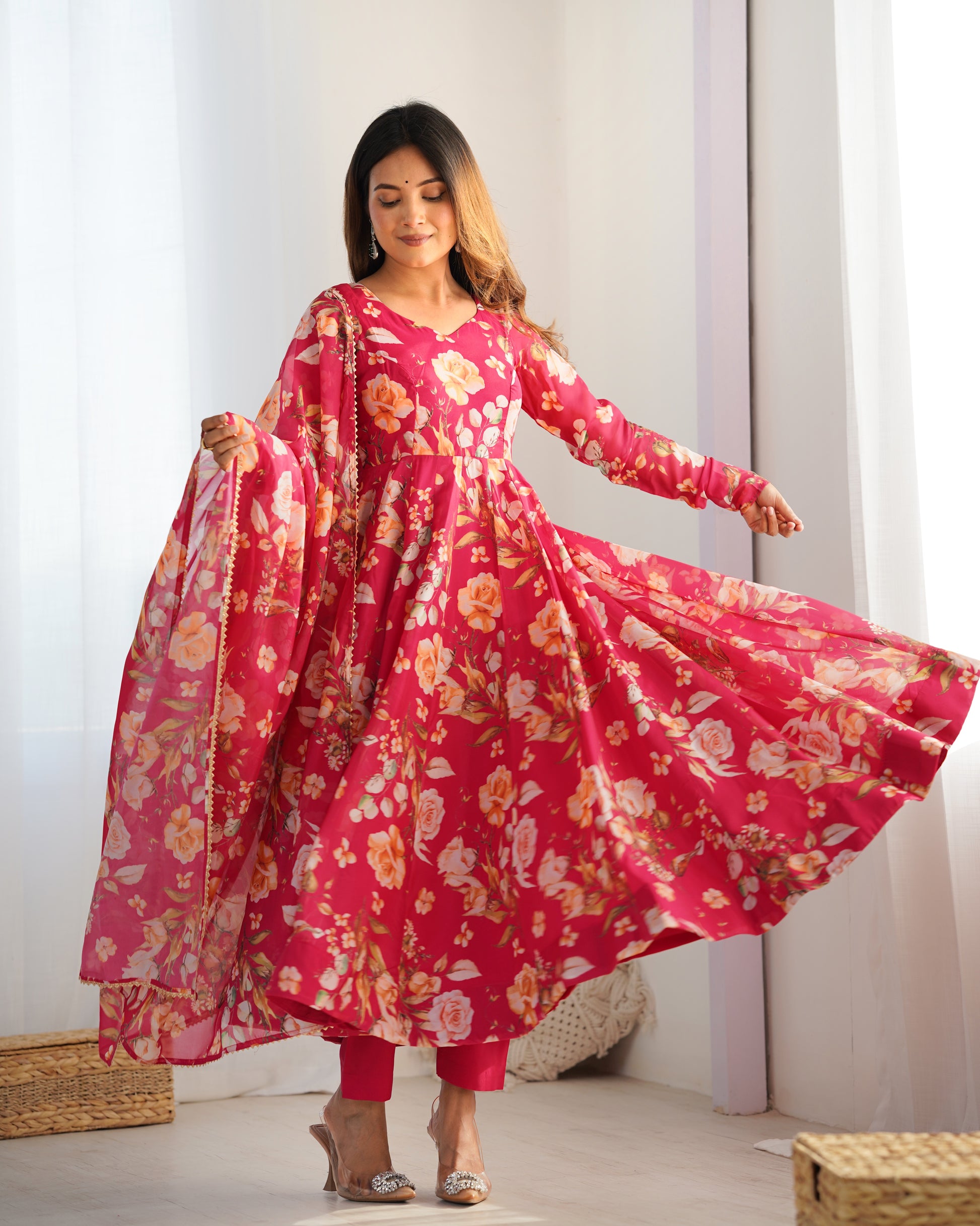 Red Organza Anarkali Suit