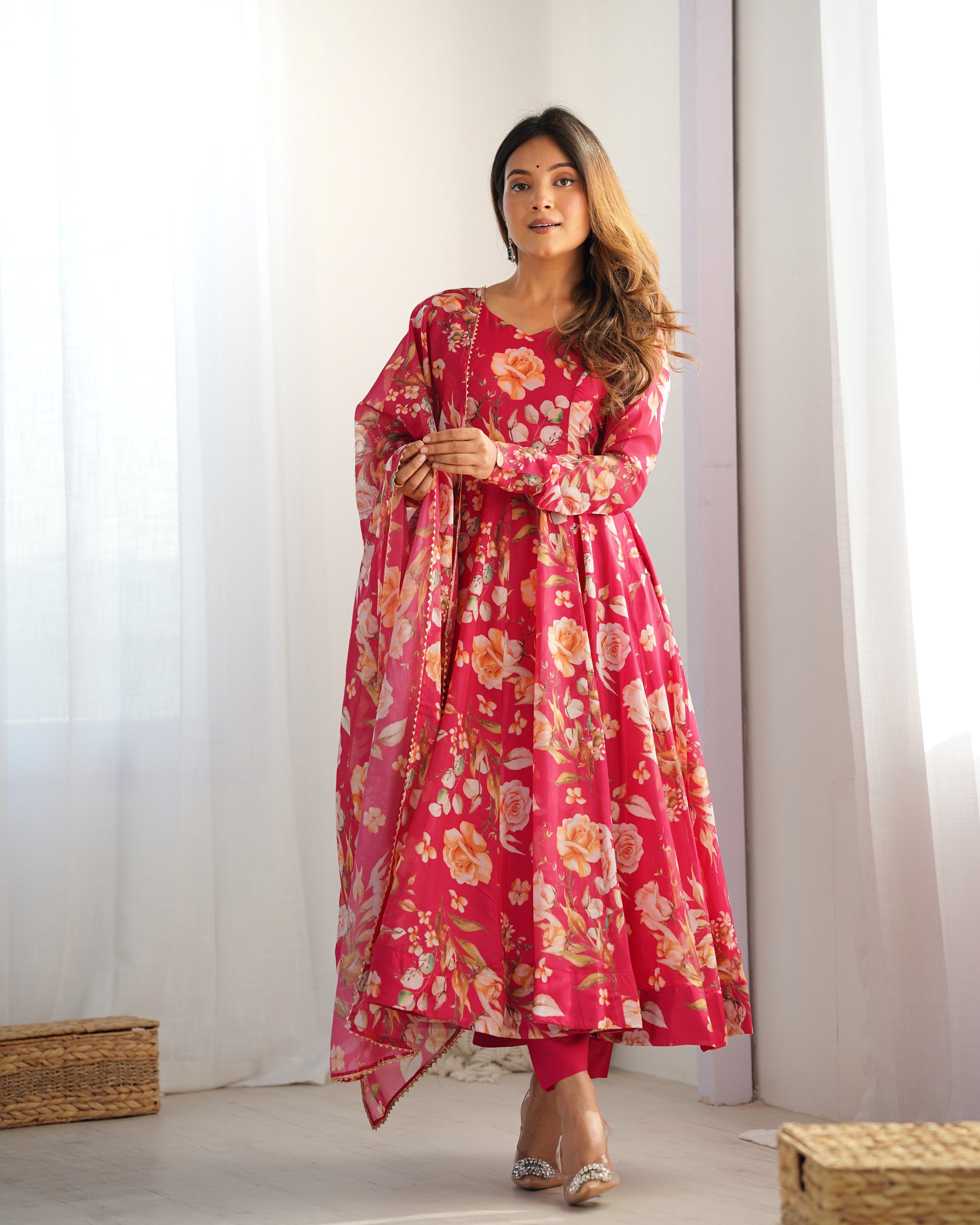 Red Organza Anarkali Suit