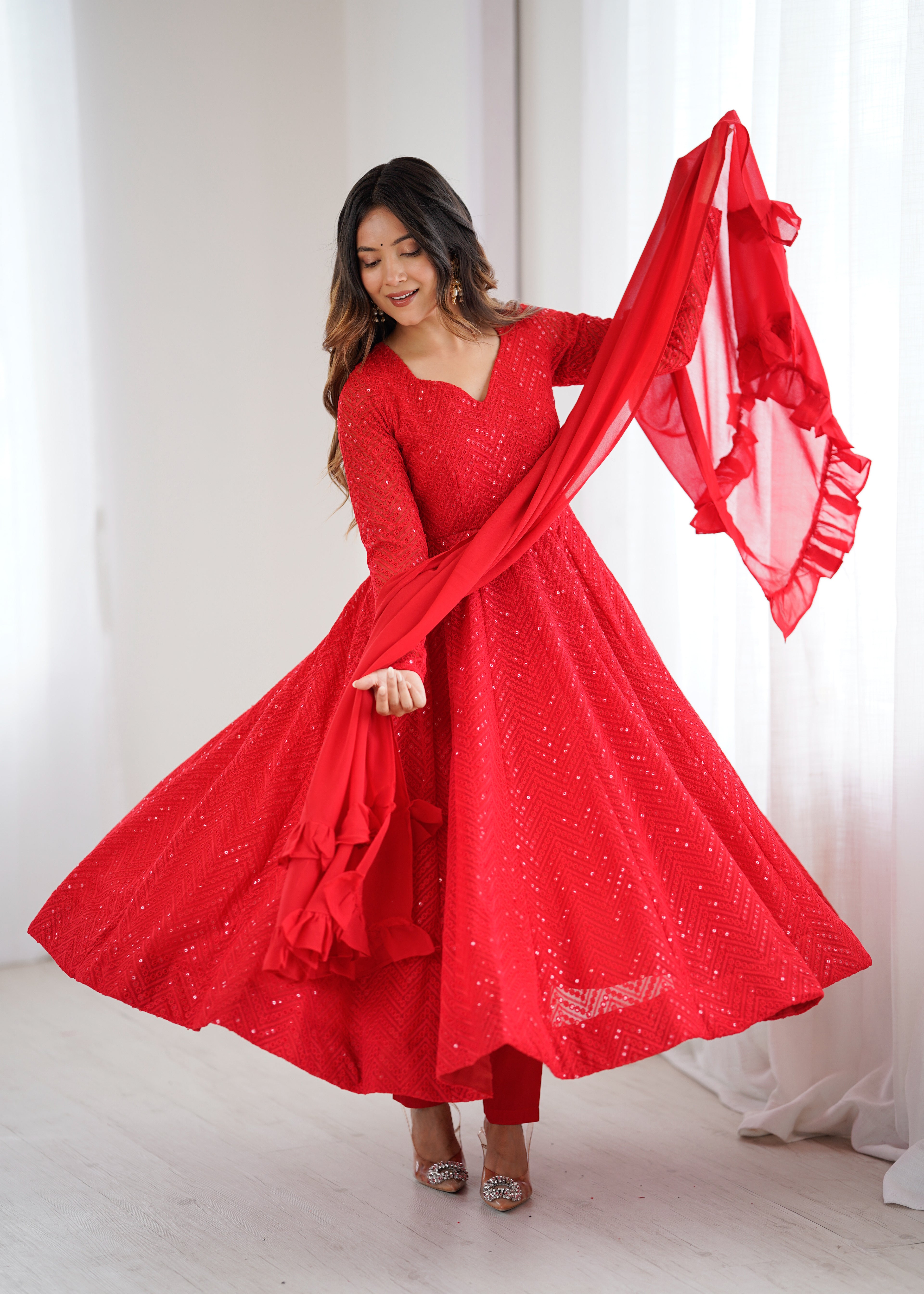 Red Lucknowi Work Anarkali Suit Set