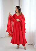 Red Lucknowi Work Anarkali Suit Set