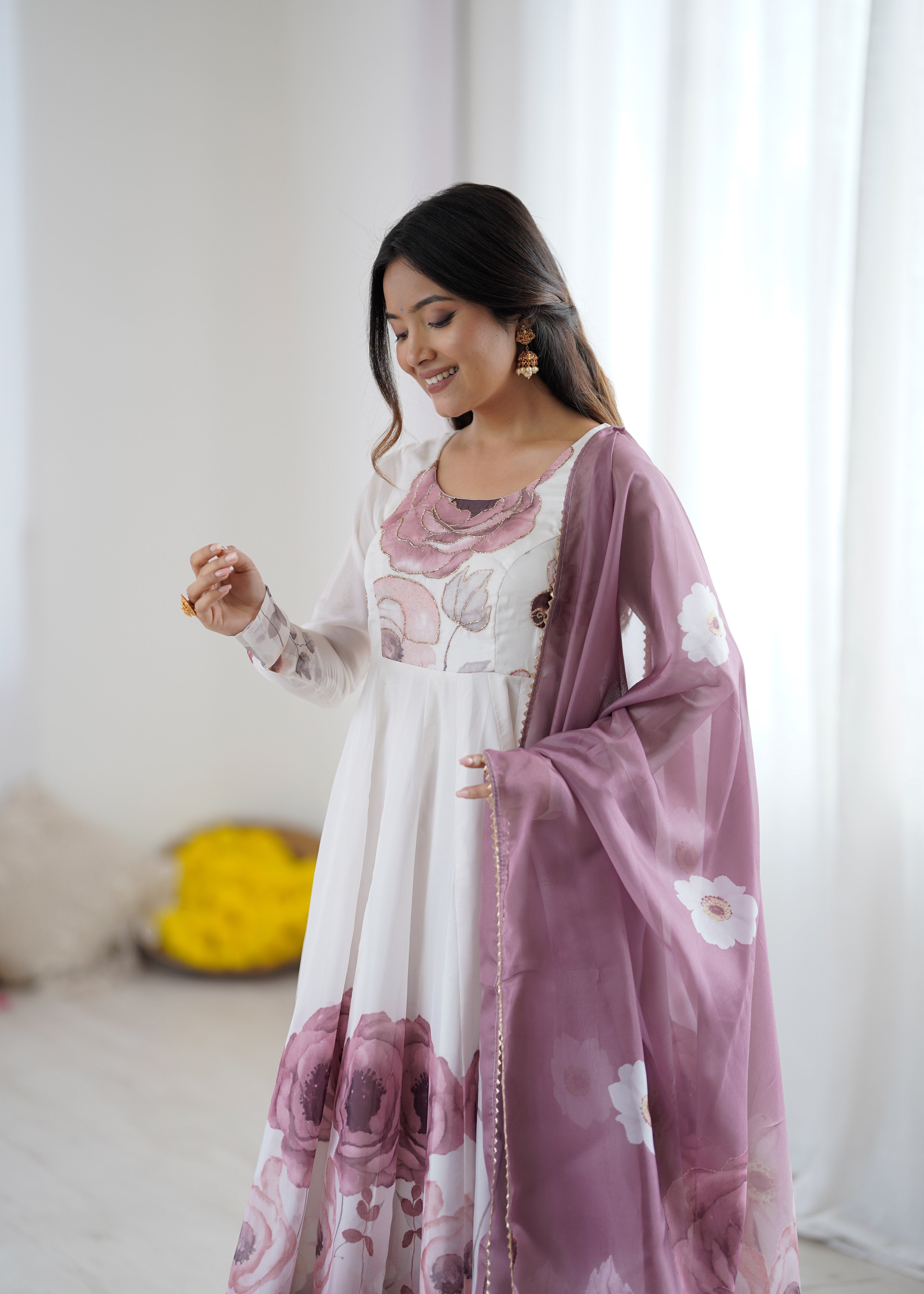 onion pink organja silk printed anarkali suit set