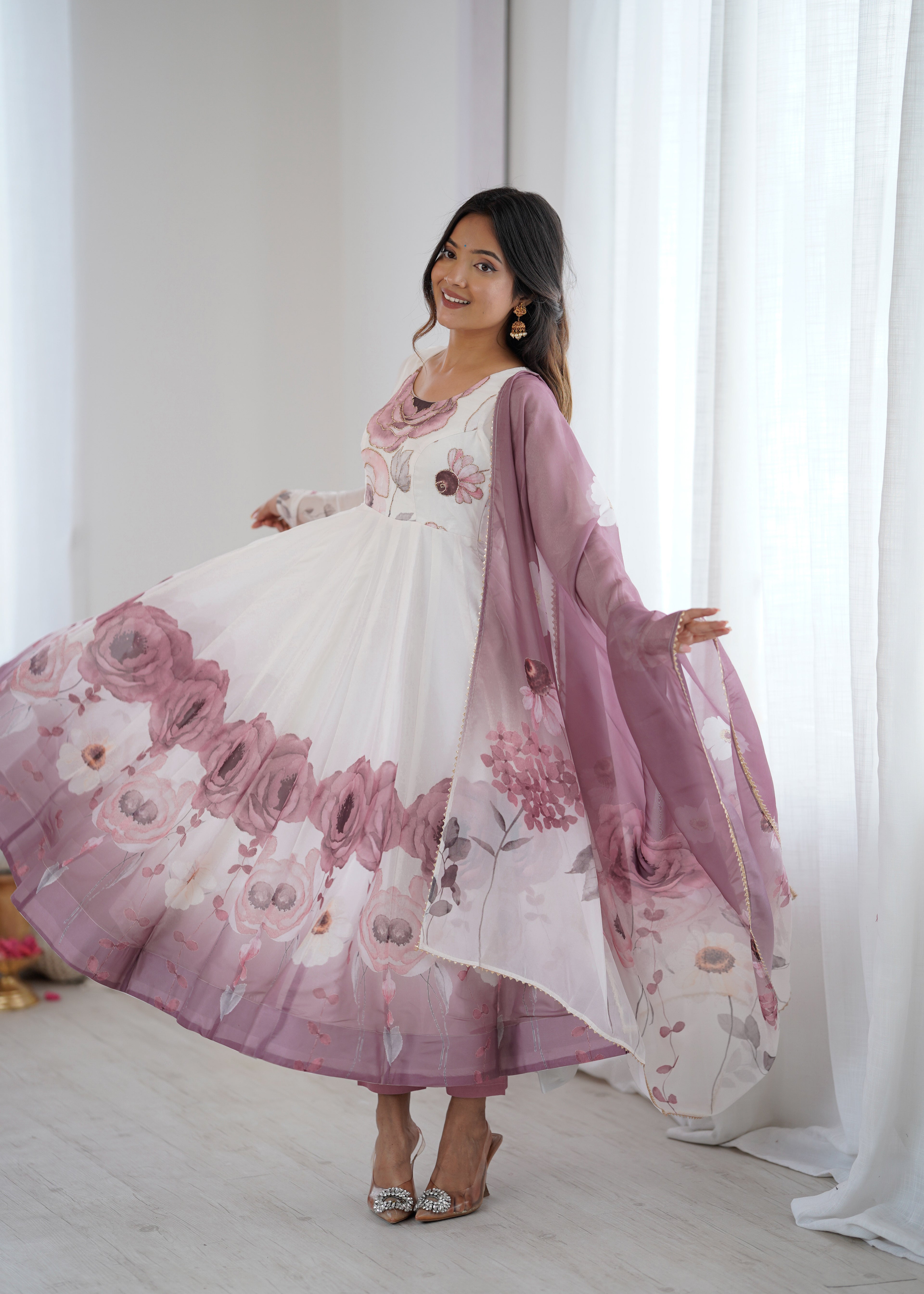 onion pink organja silk printed anarkali suit set