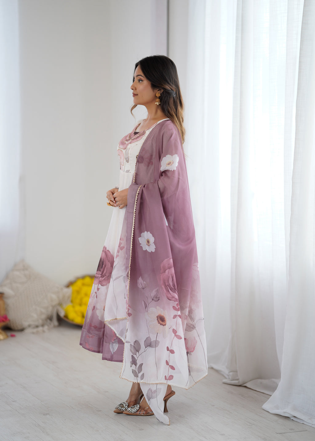 onion pink organja silk printed anarkali suit set