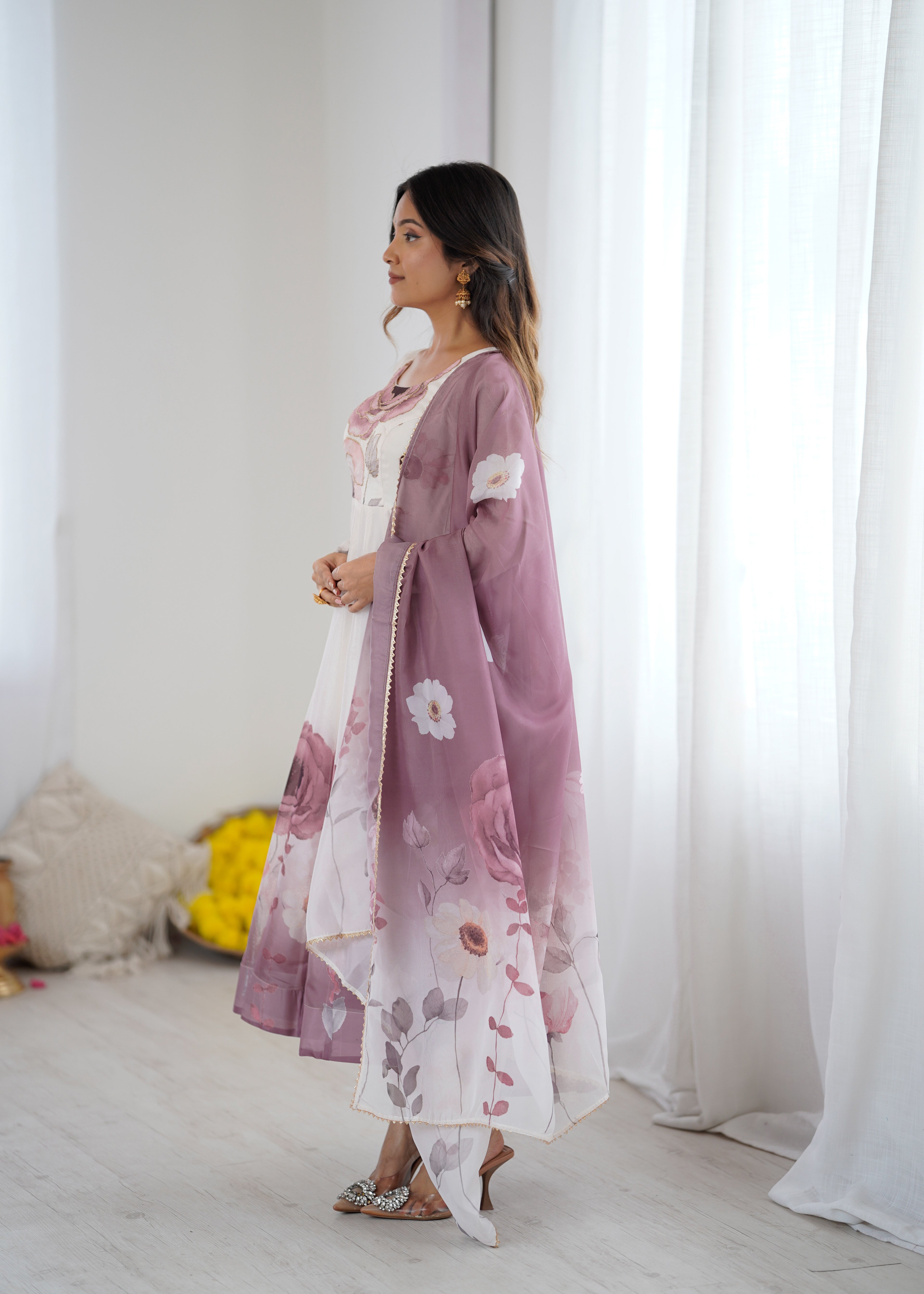 onion pink organja silk printed anarkali suit set