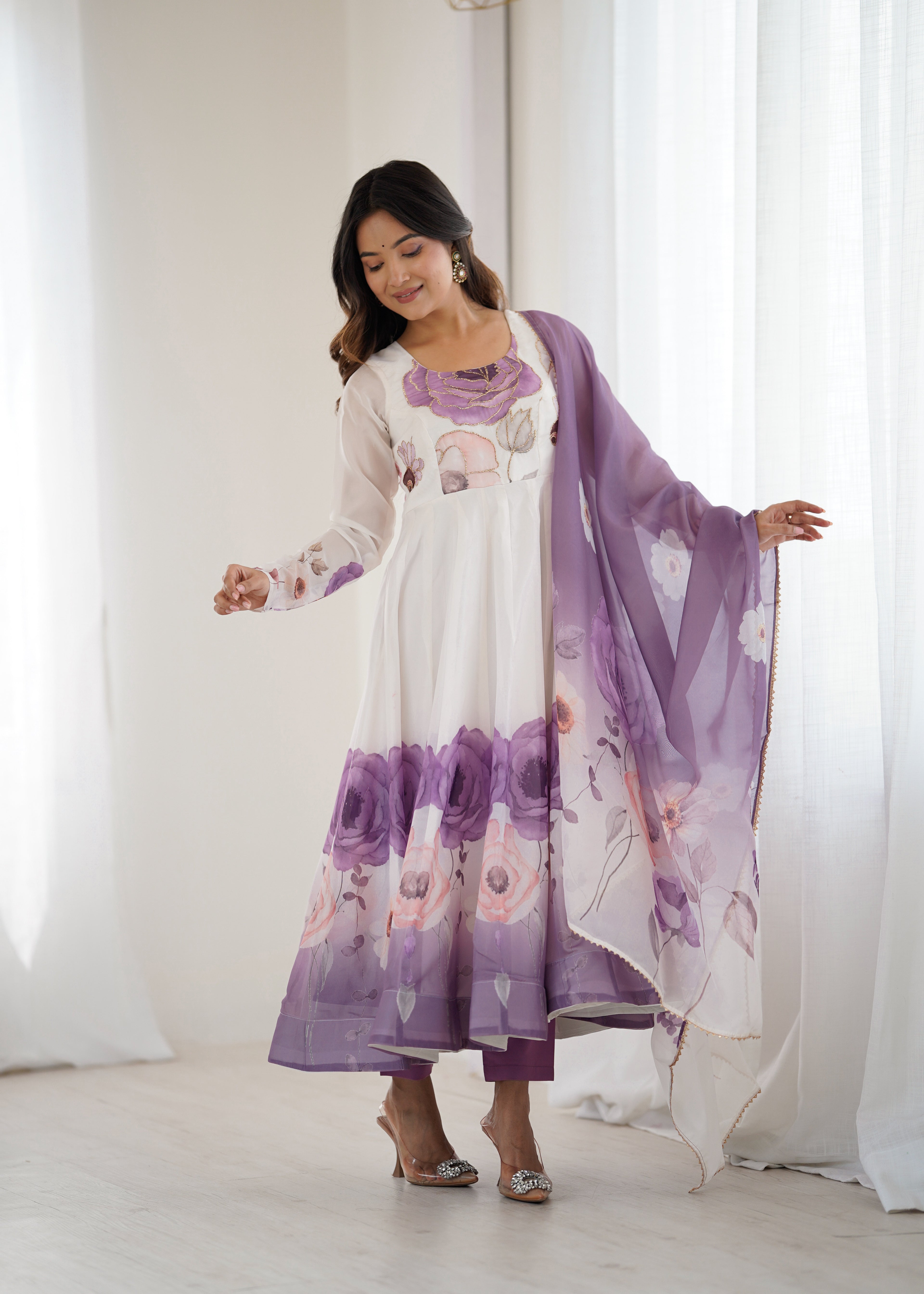 Violet organja silk printed anarkali suit set