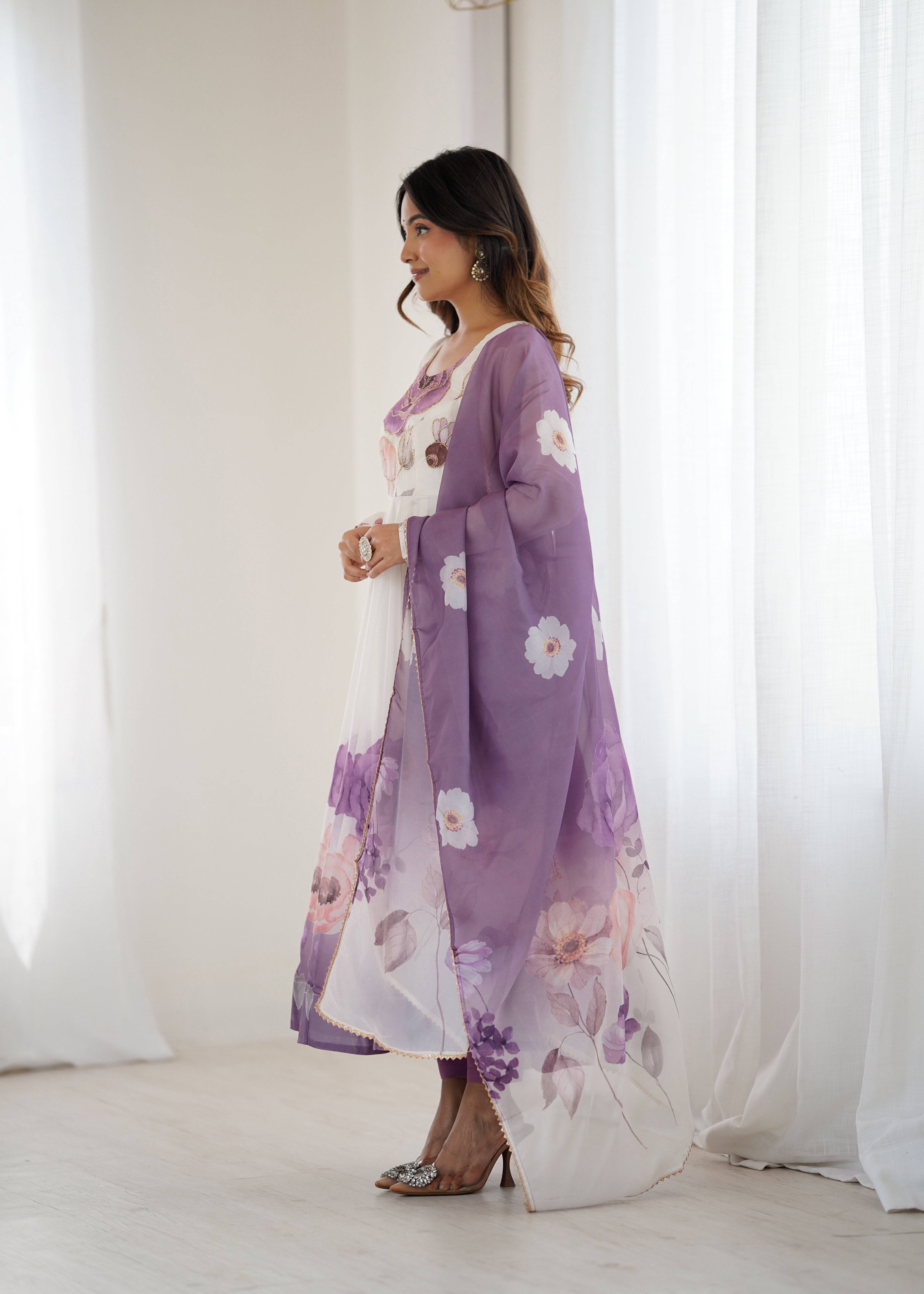 Violet organja silk printed anarkali suit set