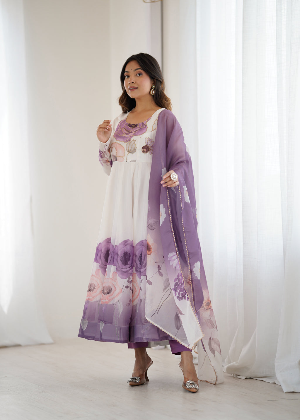 Violet organja silk printed anarkali suit set