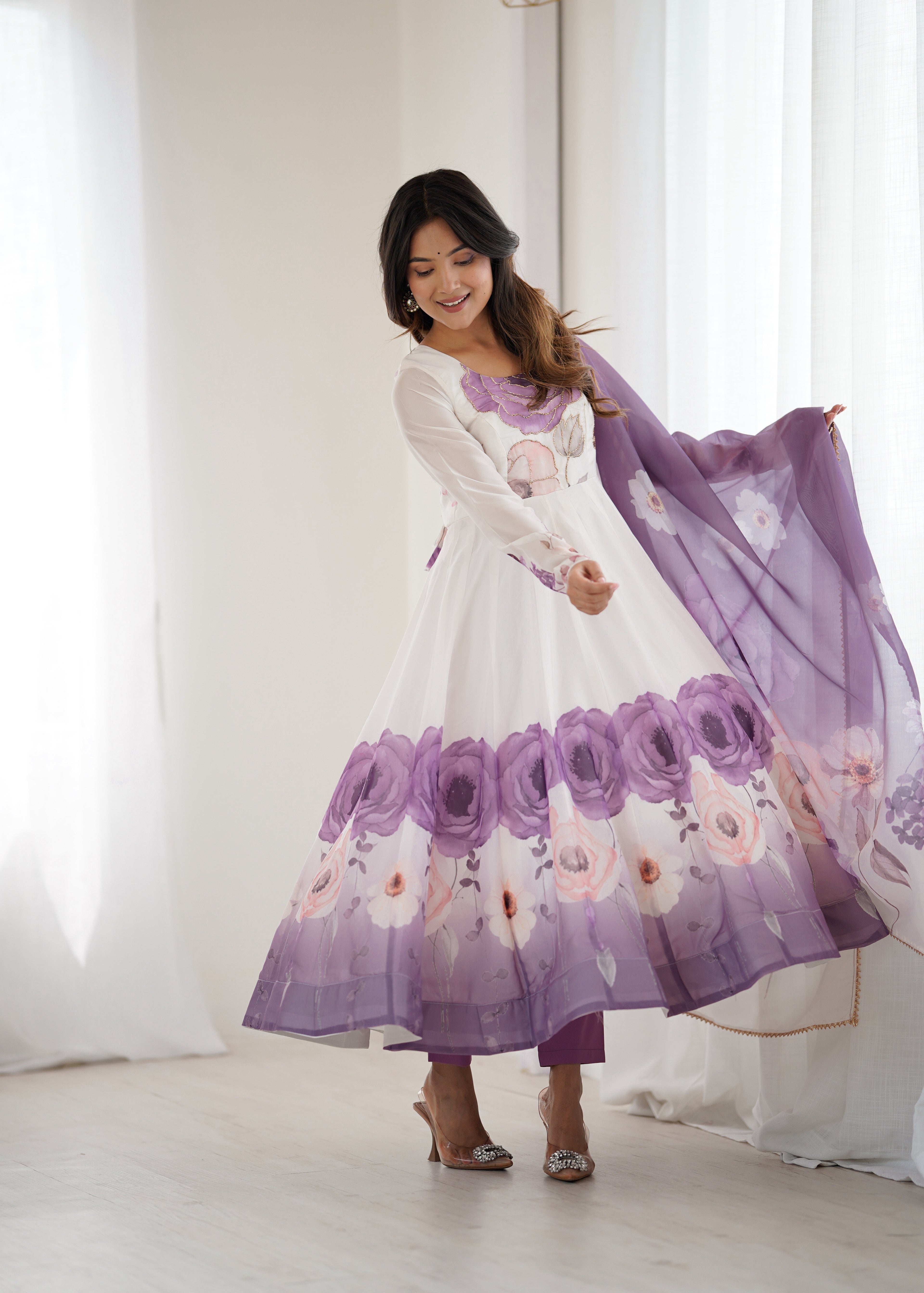Violet organja silk printed anarkali suit set