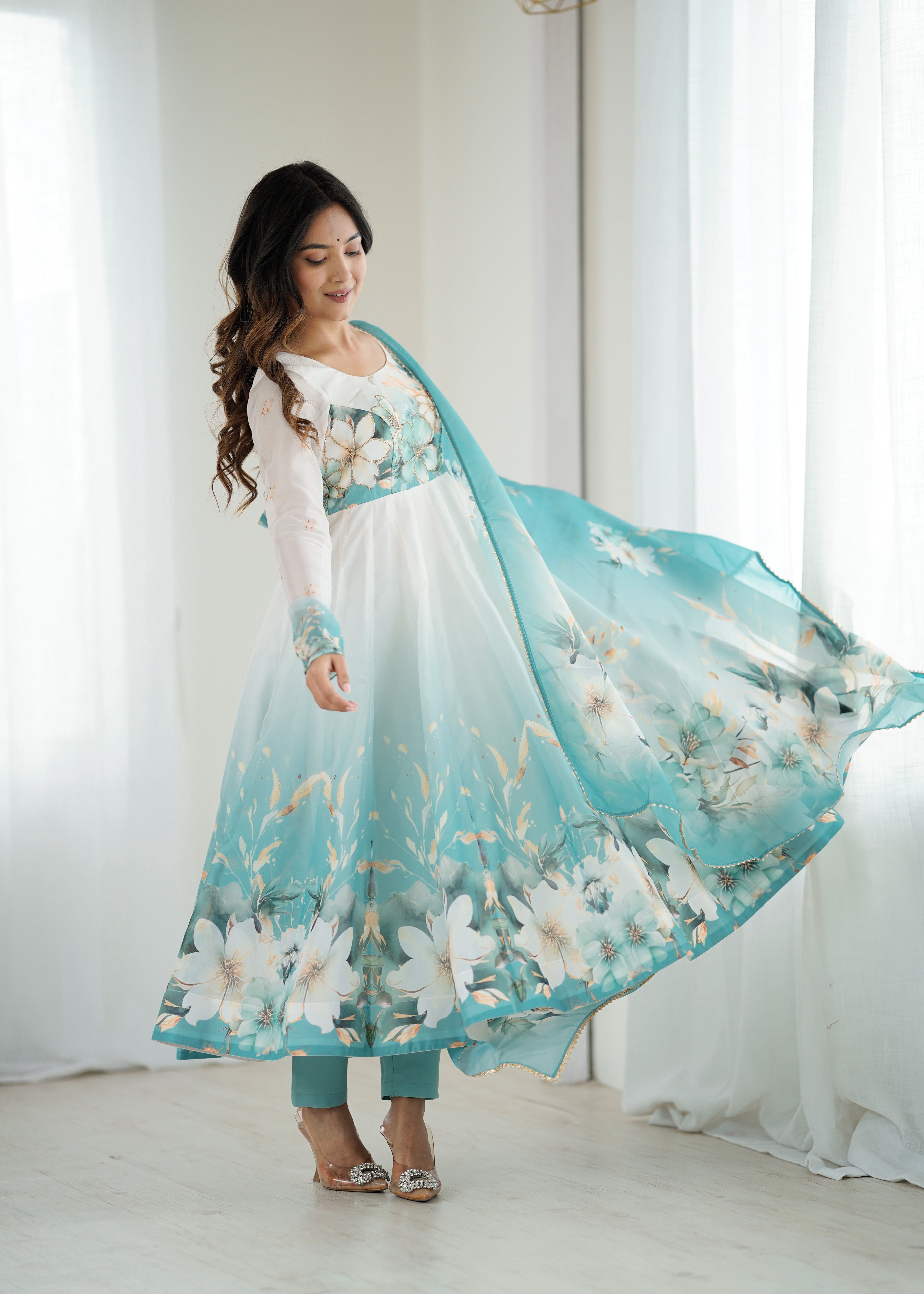 Blue organja silk printed anarkali suit set