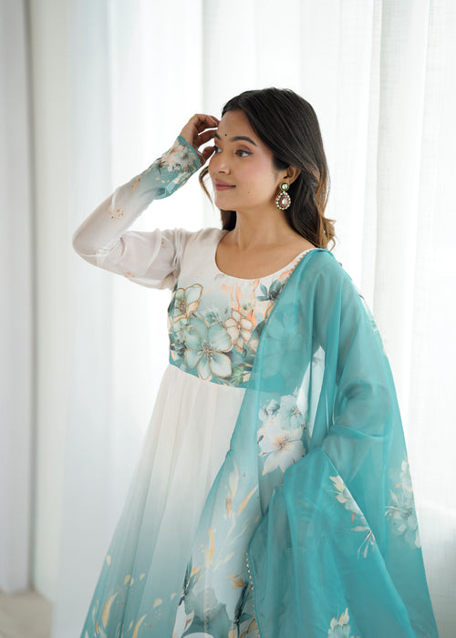 Blue organja silk printed anarkali suit set
