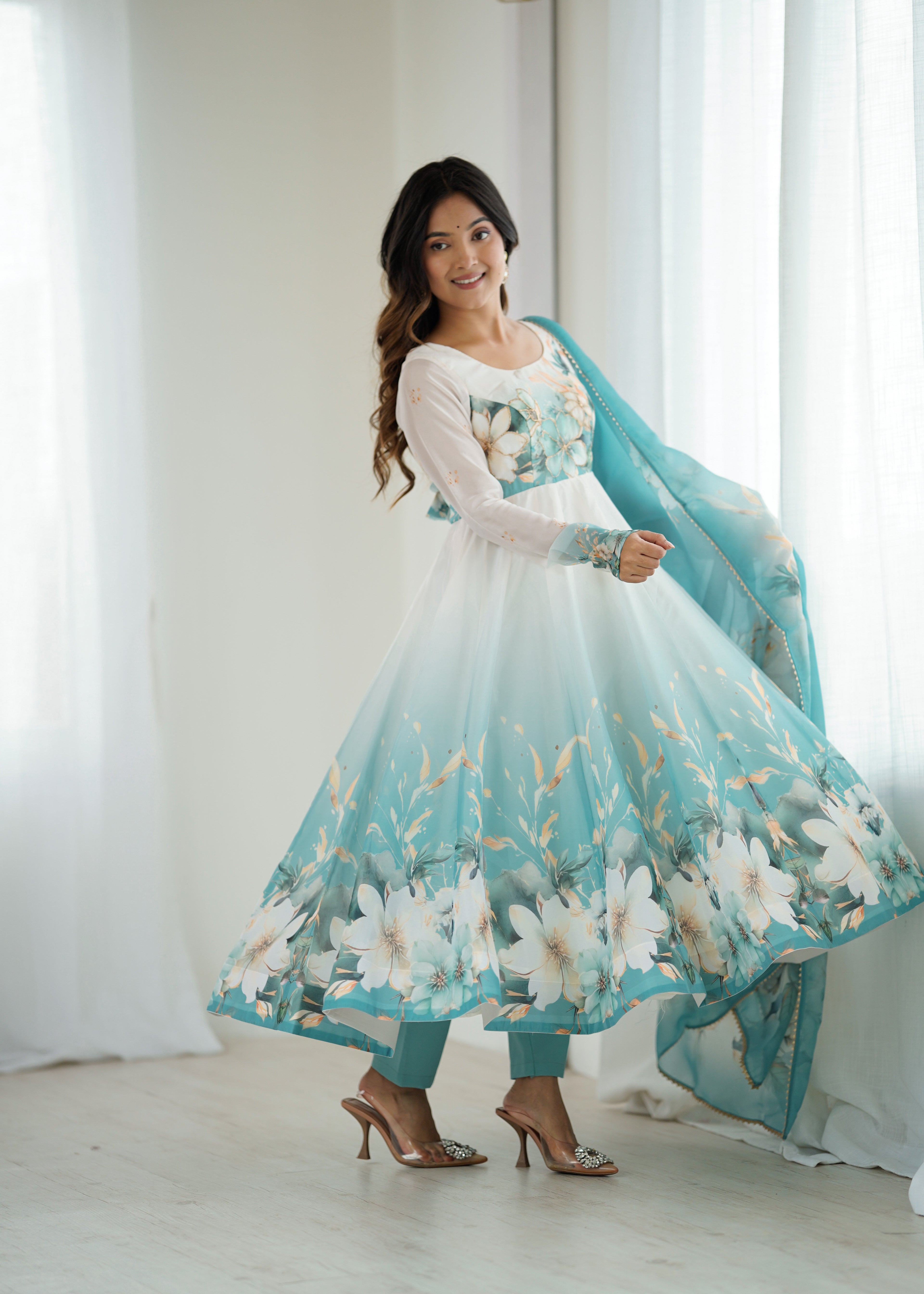 Blue organja silk printed anarkali suit set