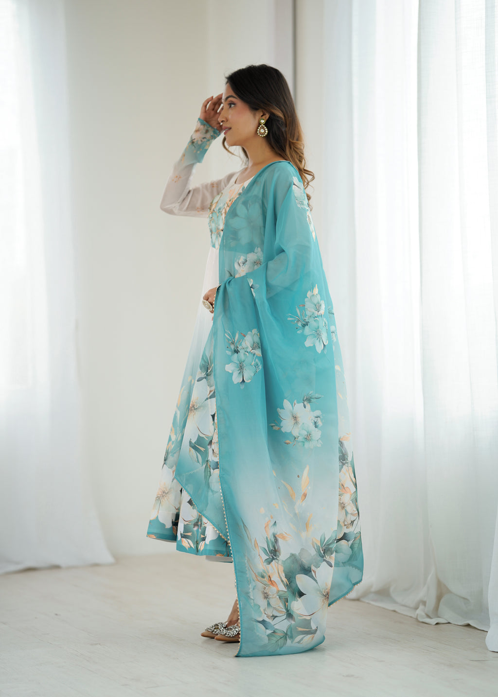 Blue organja silk printed anarkali suit set