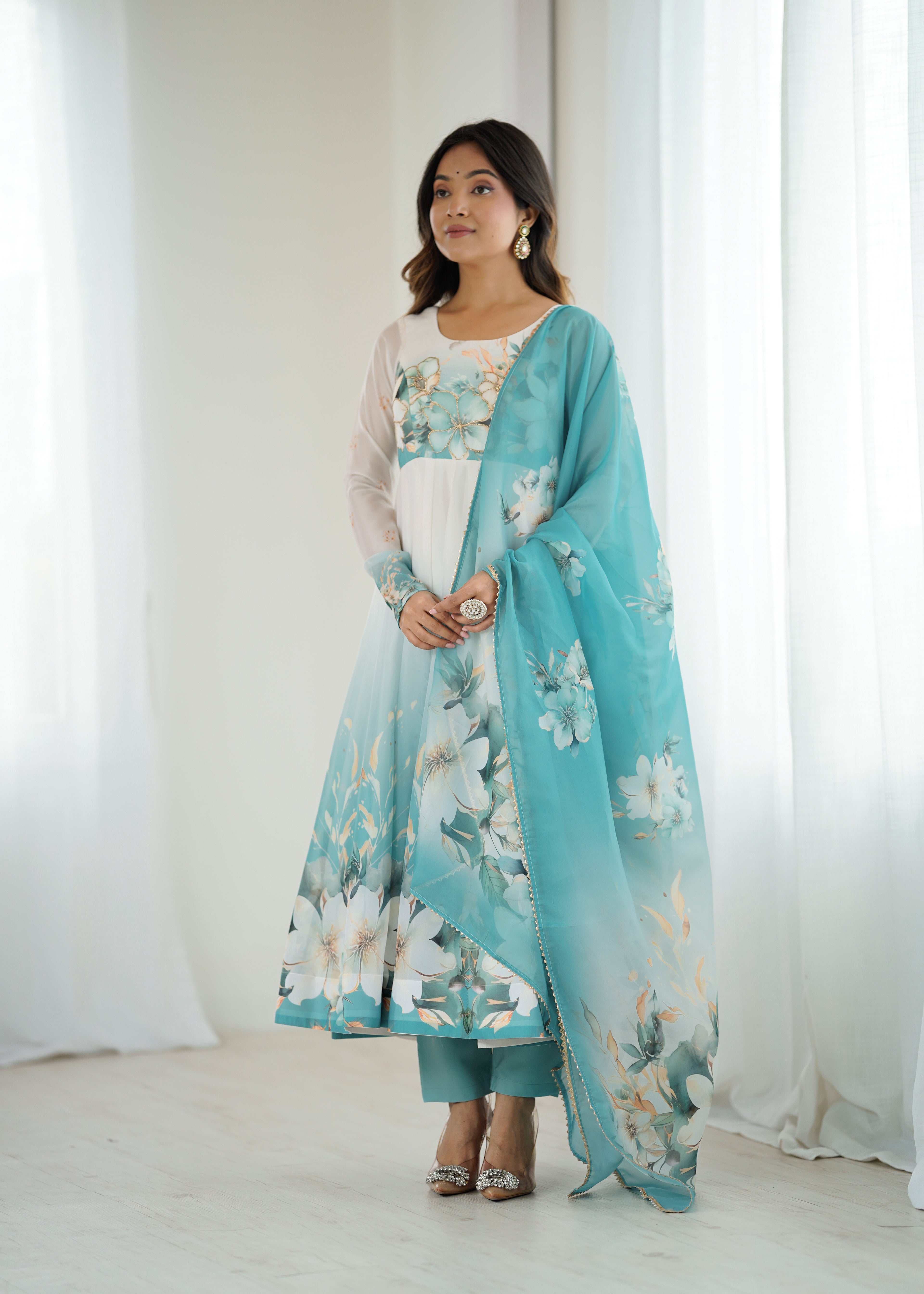 Blue organja silk printed anarkali suit set