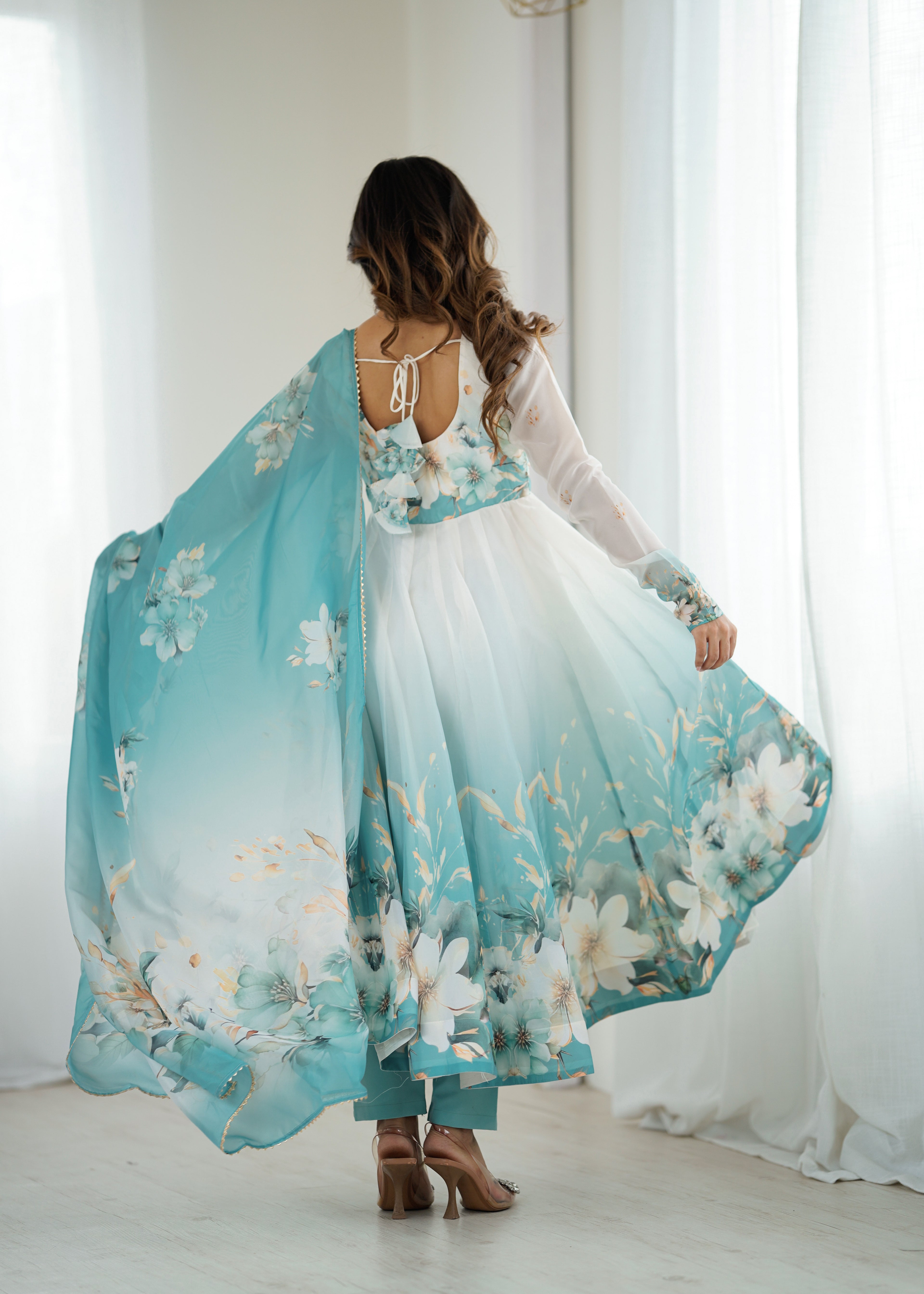 Blue organja silk printed anarkali suit set