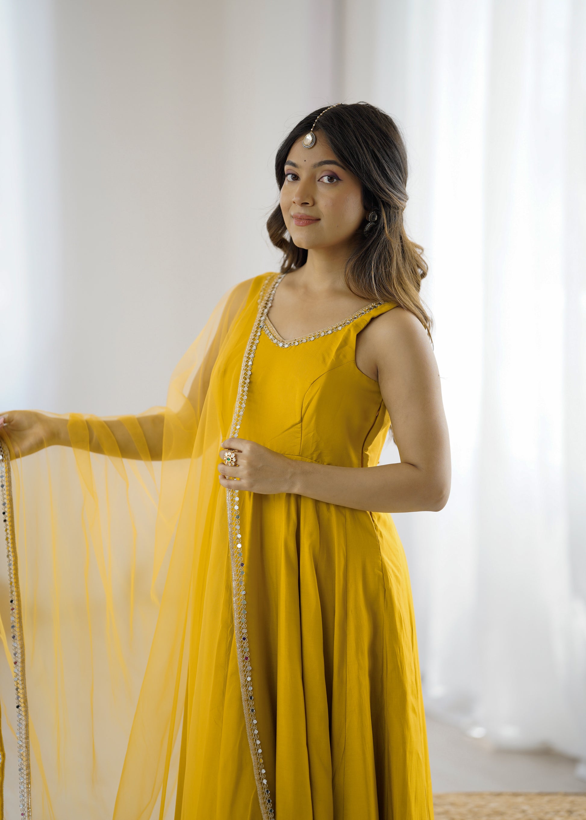 Yellow Roman Silk Chanderi Solid Anarkali Suit Set