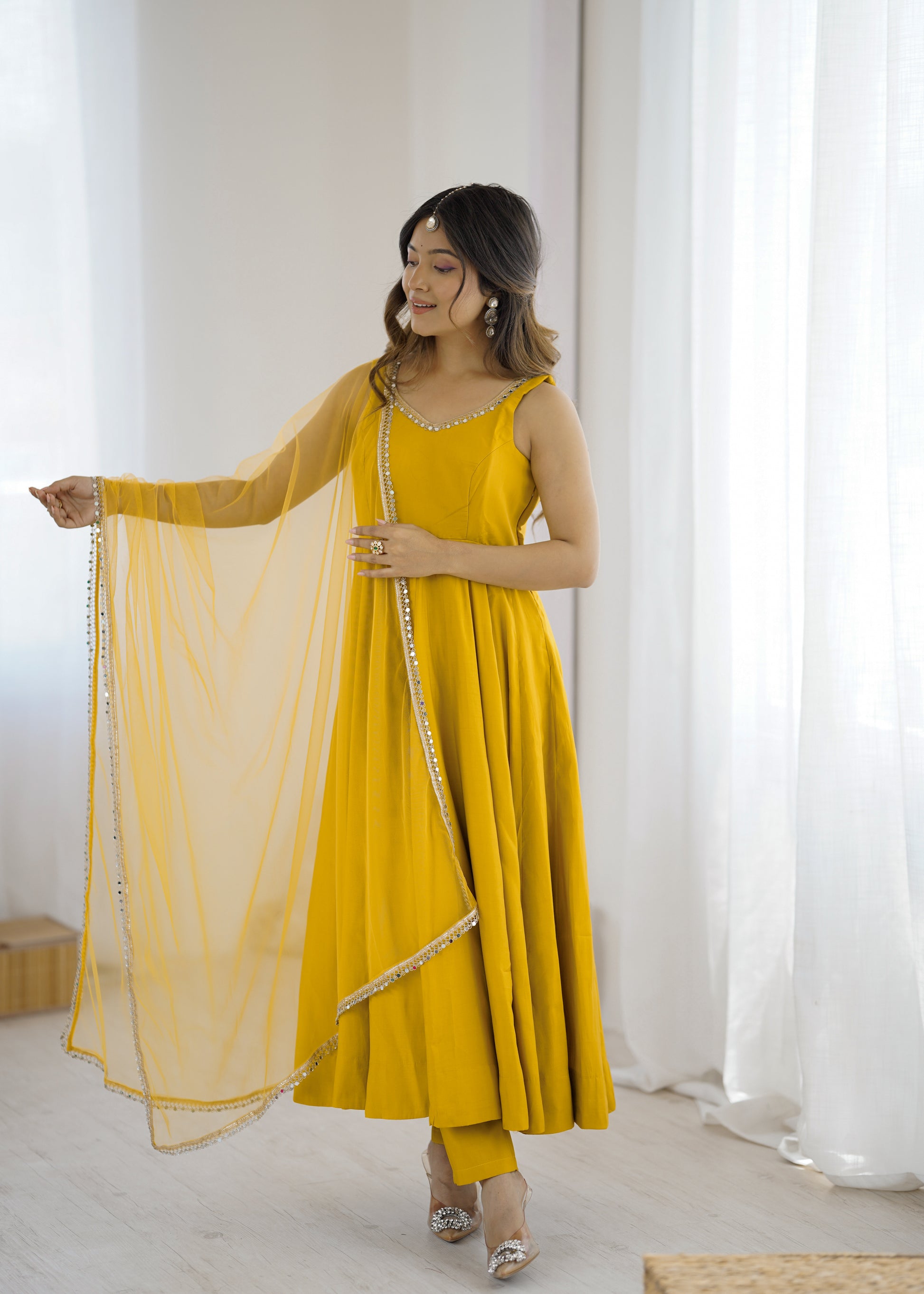 Yellow Roman Silk Chanderi Solid Anarkali Suit Set