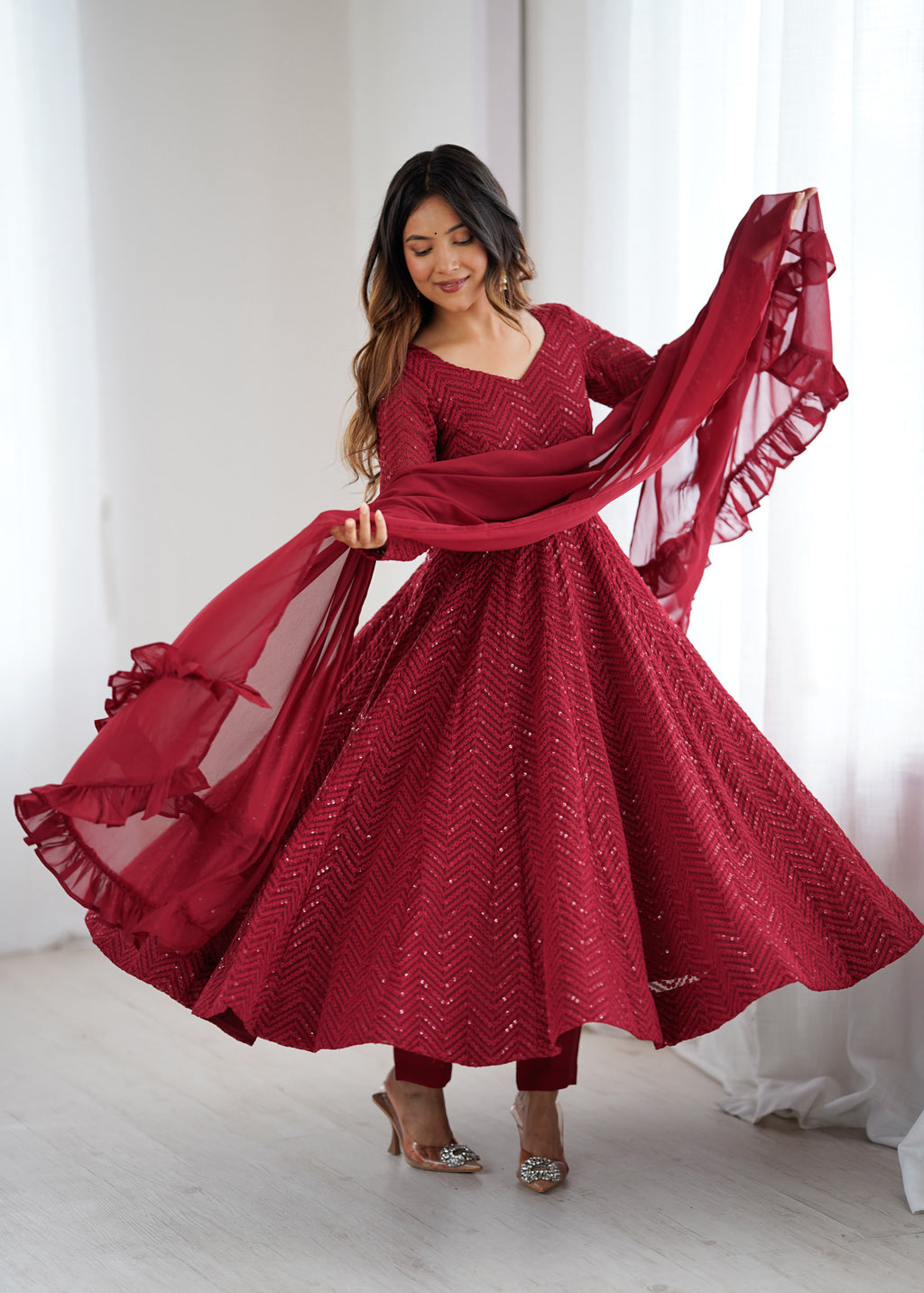 Maroon Lucknowi Work Anarkali Suit Set