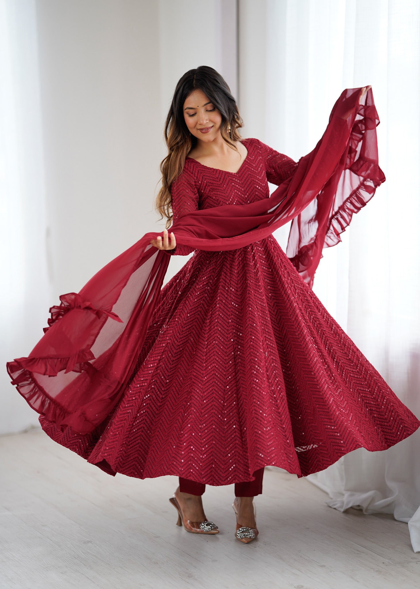 Maroon Lucknowi Work Anarkali Suit Set